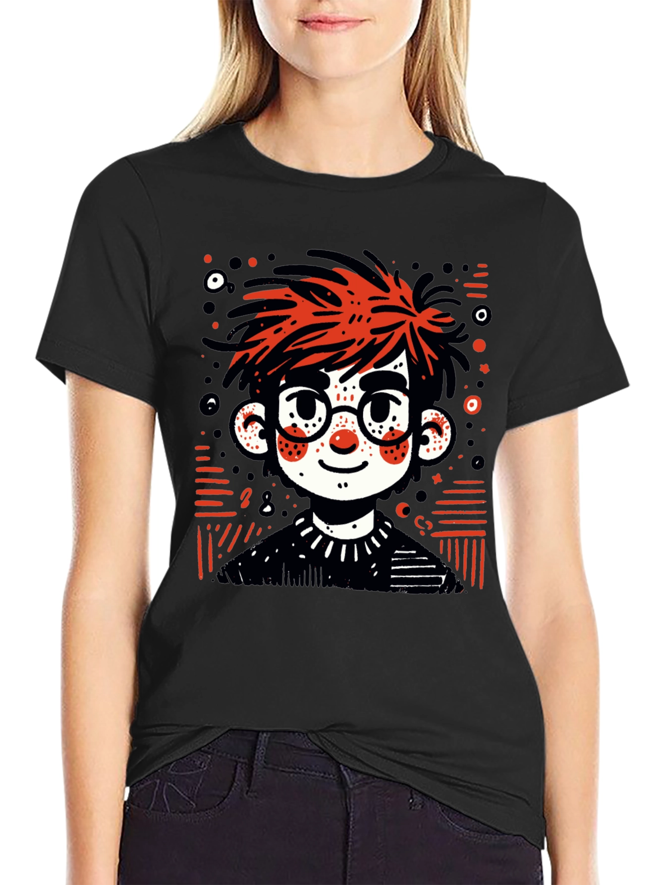Cartoon Boy Graphic Tee - Black T-Shirt