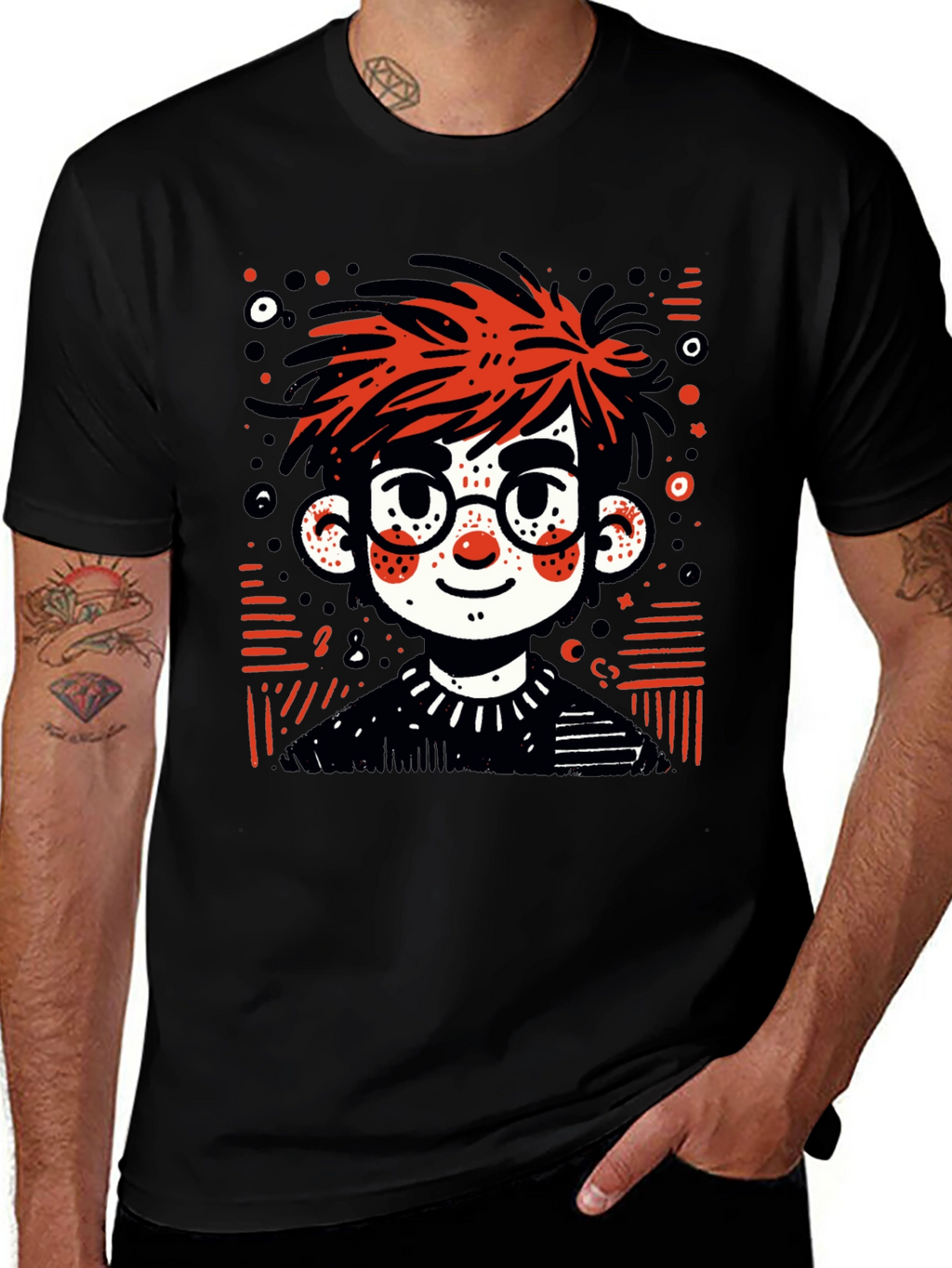 Cartoon Boy Graphic Tee - Black T-Shirt