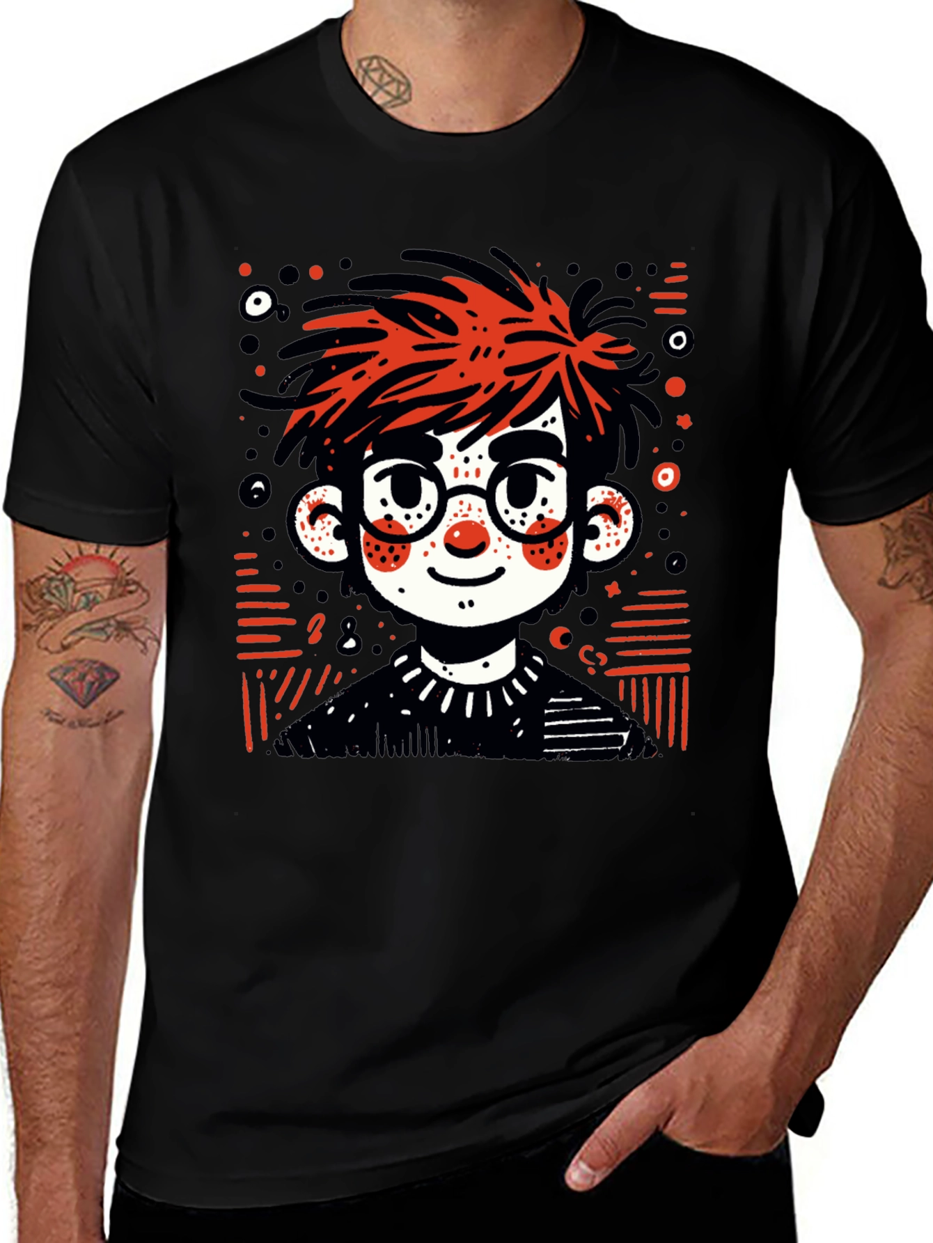 Cartoon Boy Graphic Tee - Black T-Shirt