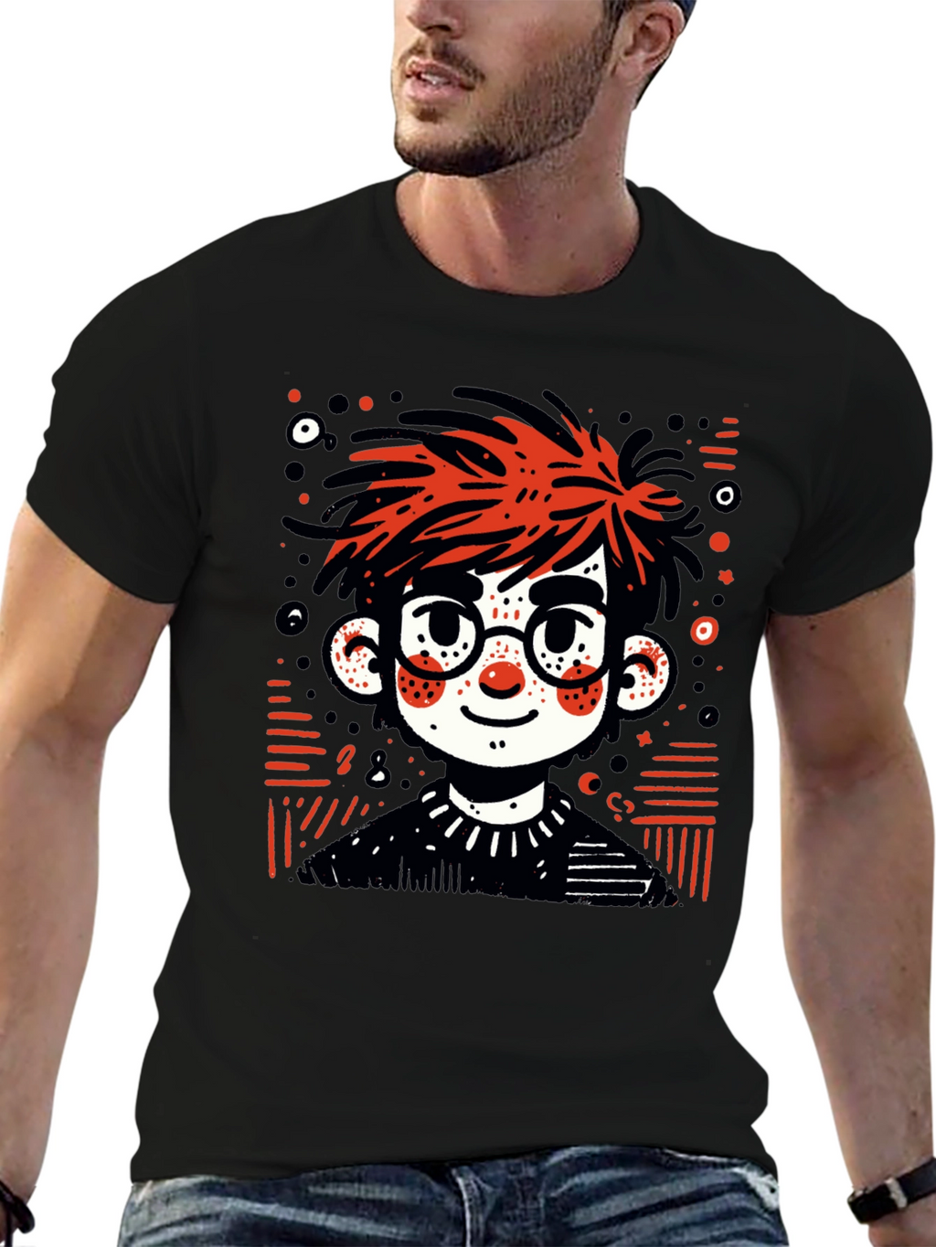 Cartoon Boy Graphic Tee - Black T-Shirt