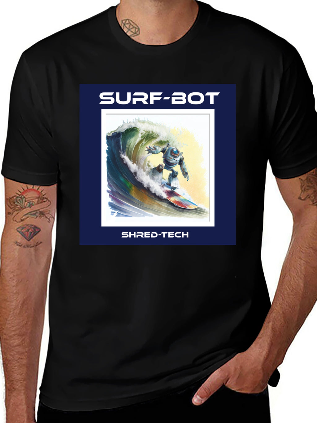 Surf-Bot Shred-Tech T-Shirt - Robot Surfing Wave Design