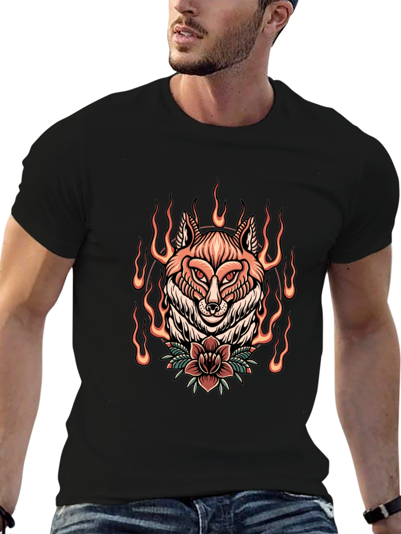 Flaming Fox Graphic Tee - Stylish Black T-Shirt