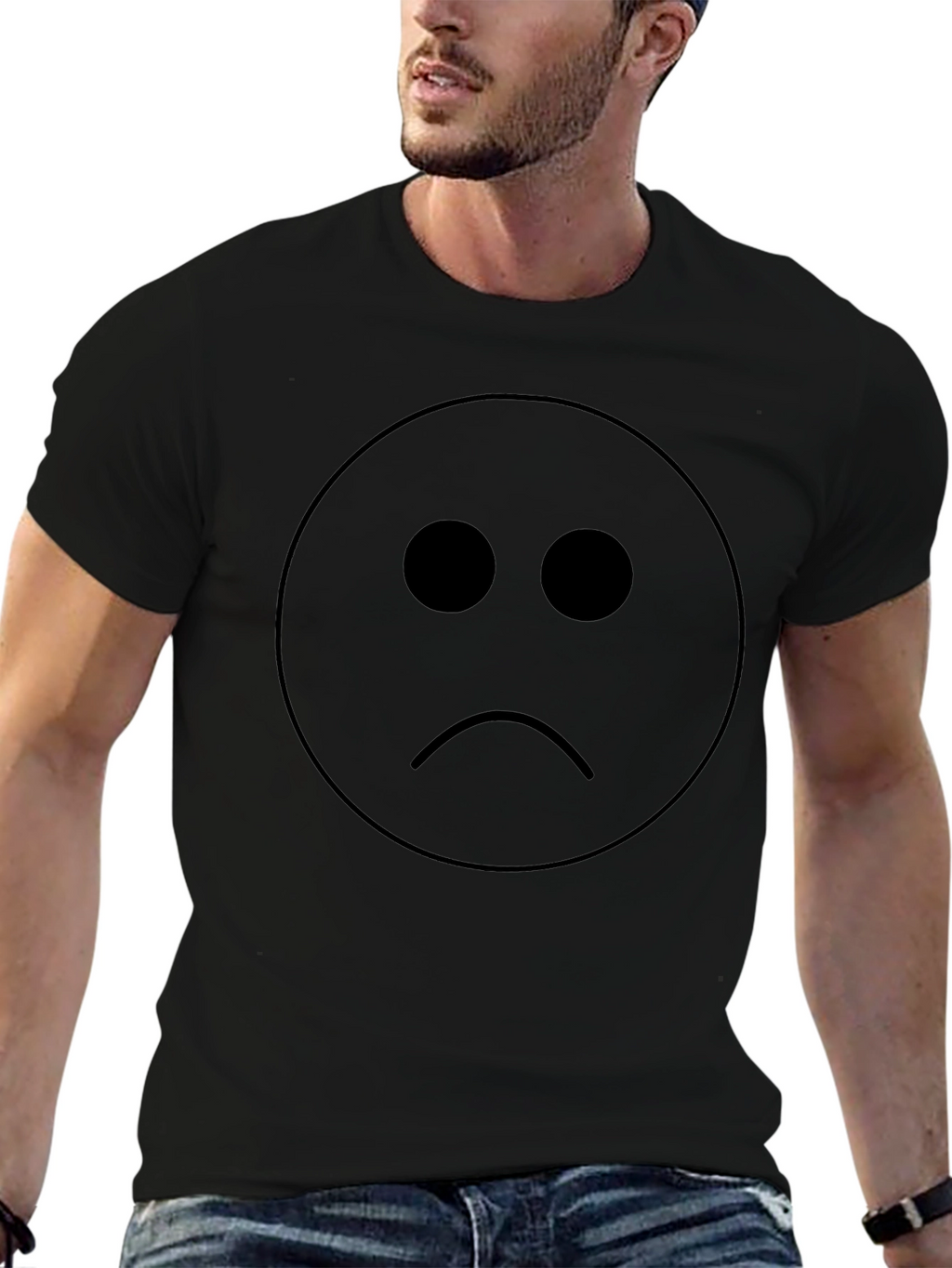 Sad Face Graphic T-Shirt - Black Cotton Blend