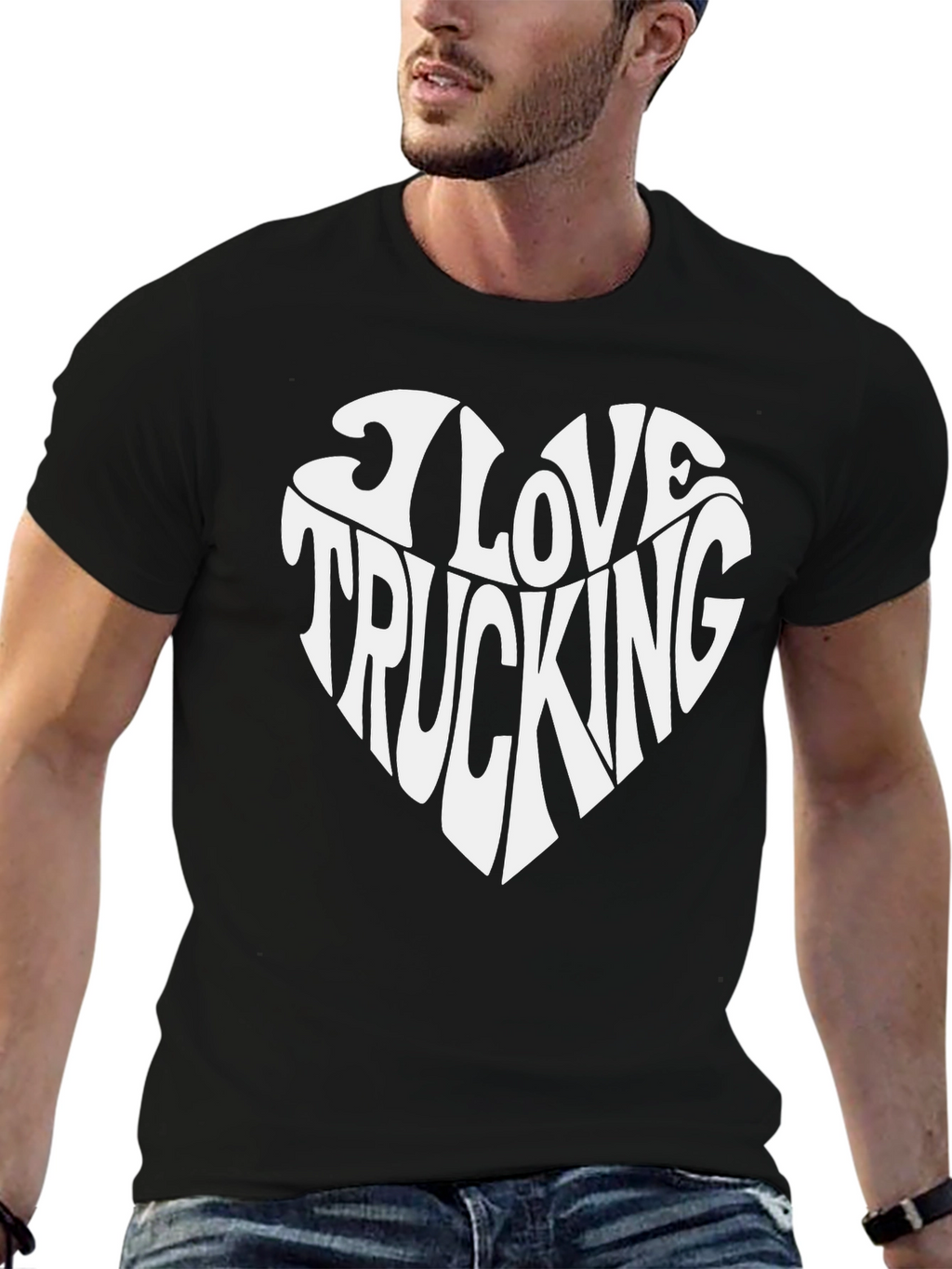I Love Trucking Heart Graphic T-Shirt - Black Cotton