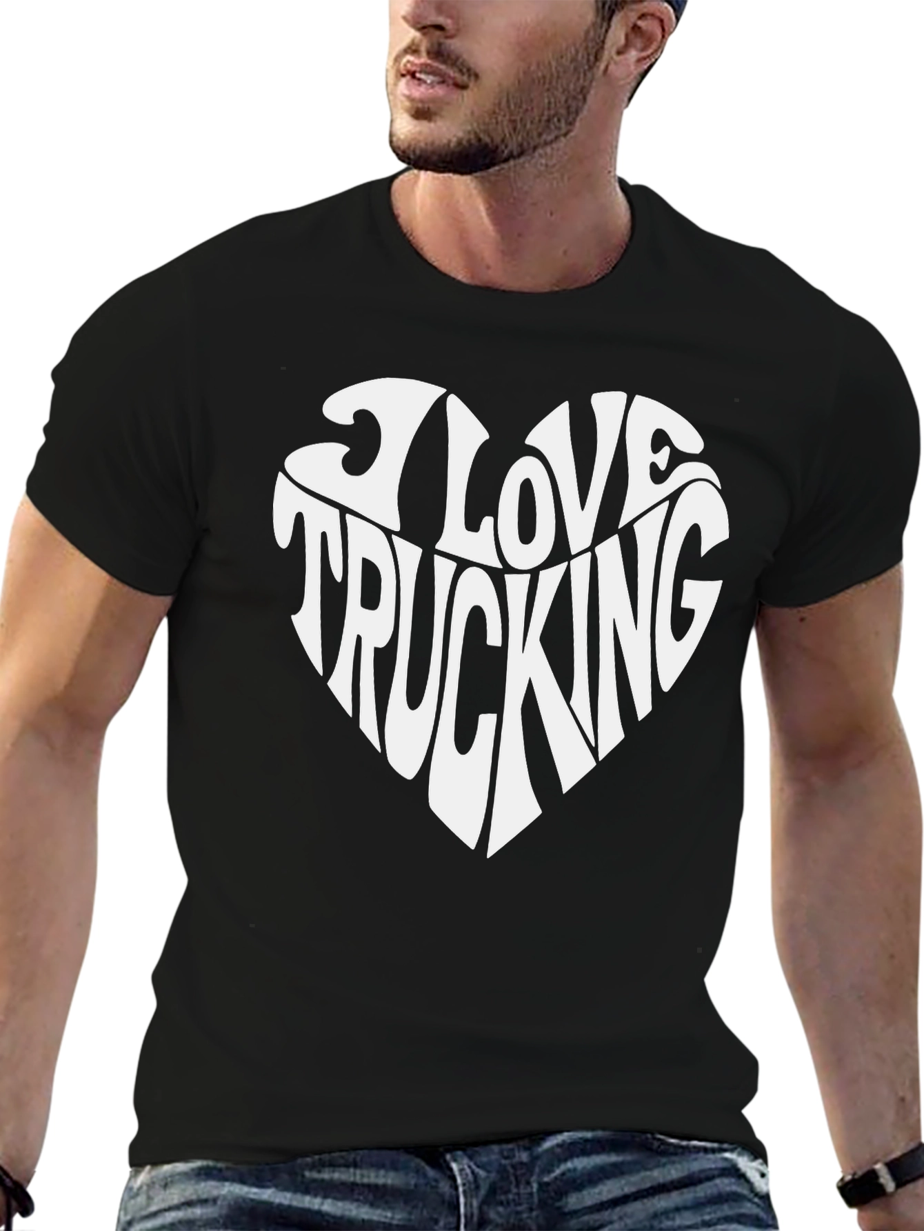 I Love Trucking Heart Graphic T-Shirt - Black Cotton