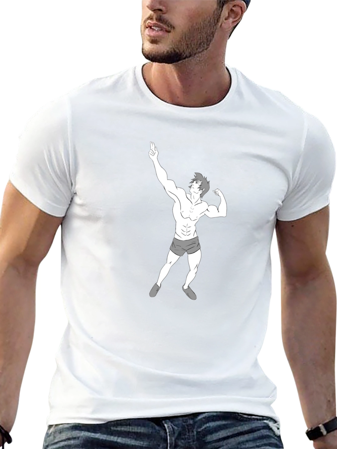 Mens Black T-Shirt with Cartoon Bodybuilder Graphic