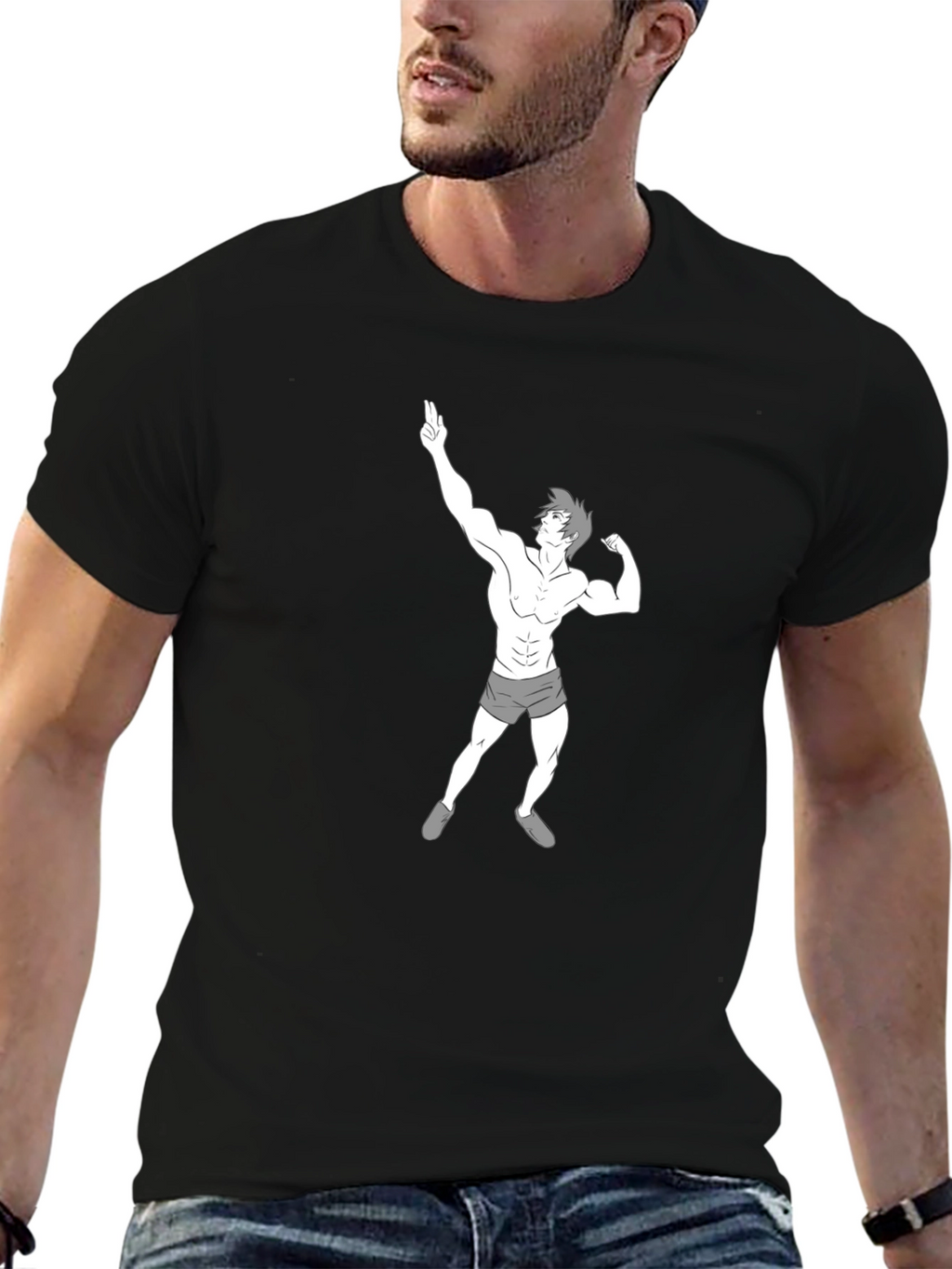 Mens Black T-Shirt with Cartoon Bodybuilder Graphic