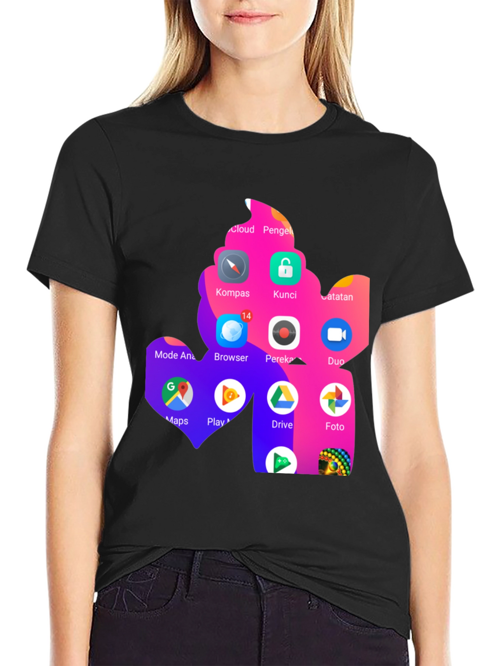 T-Shirt with App Icon Collage Print - Black