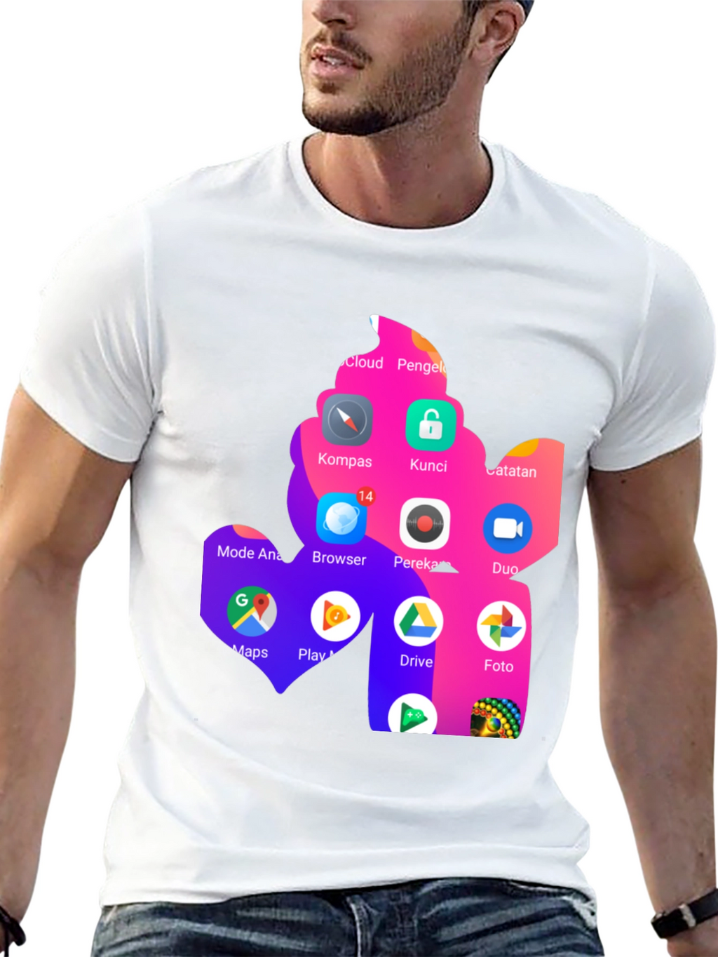 T-Shirt with App Icon Collage Print - Black