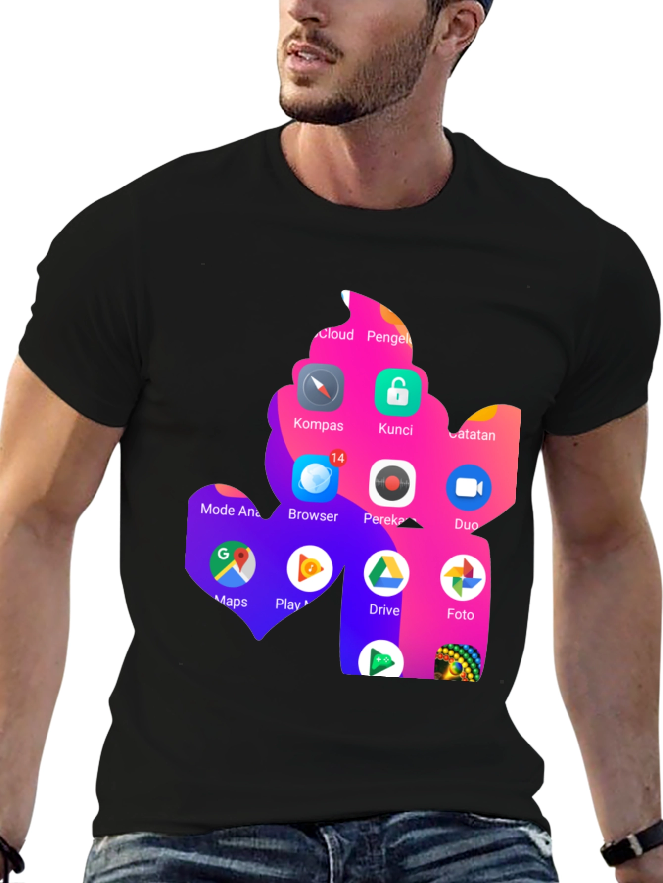 T-Shirt with App Icon Collage Print - Black
