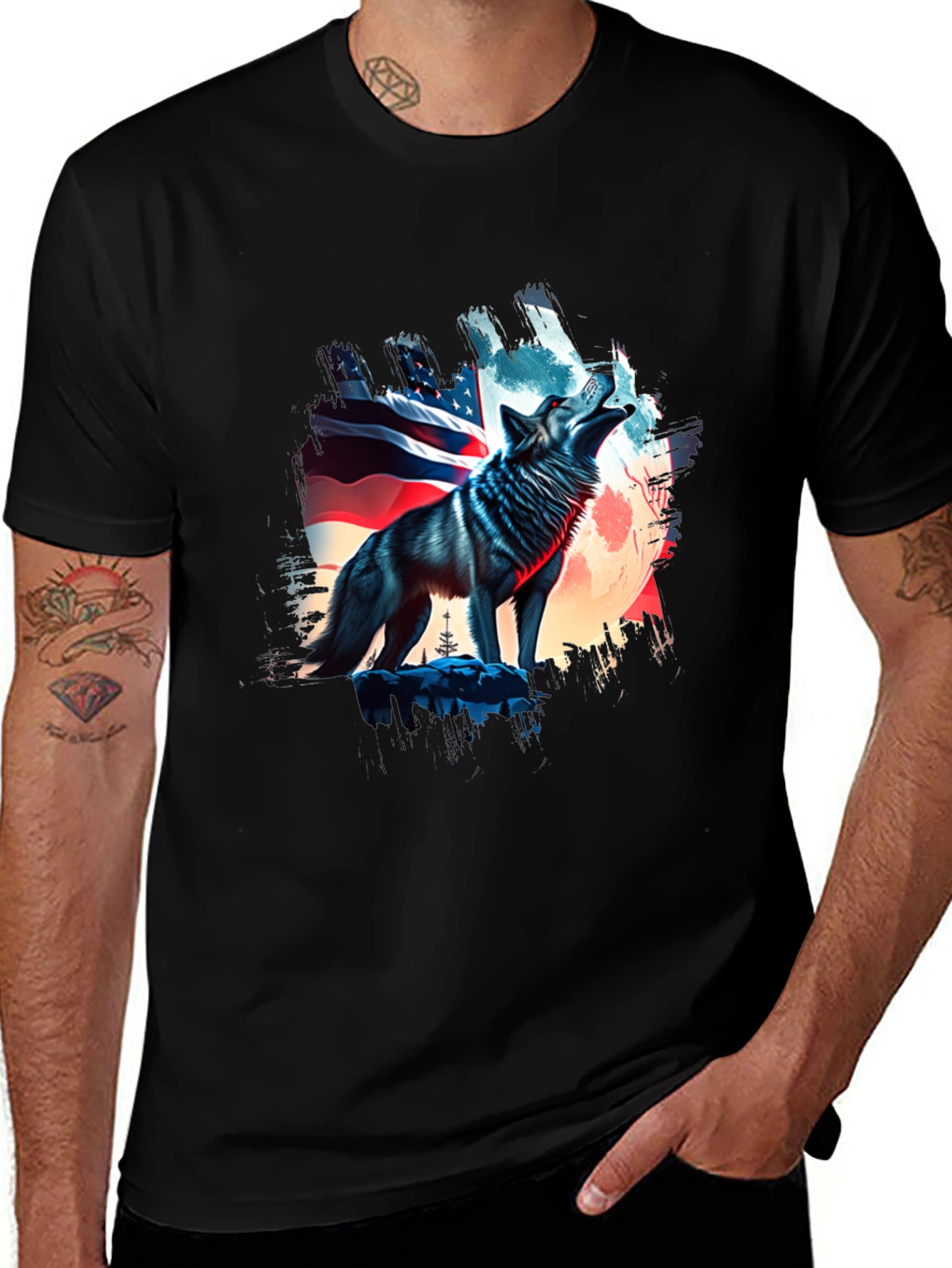 Patriotic Wolf Graphic Tee - USA Pride