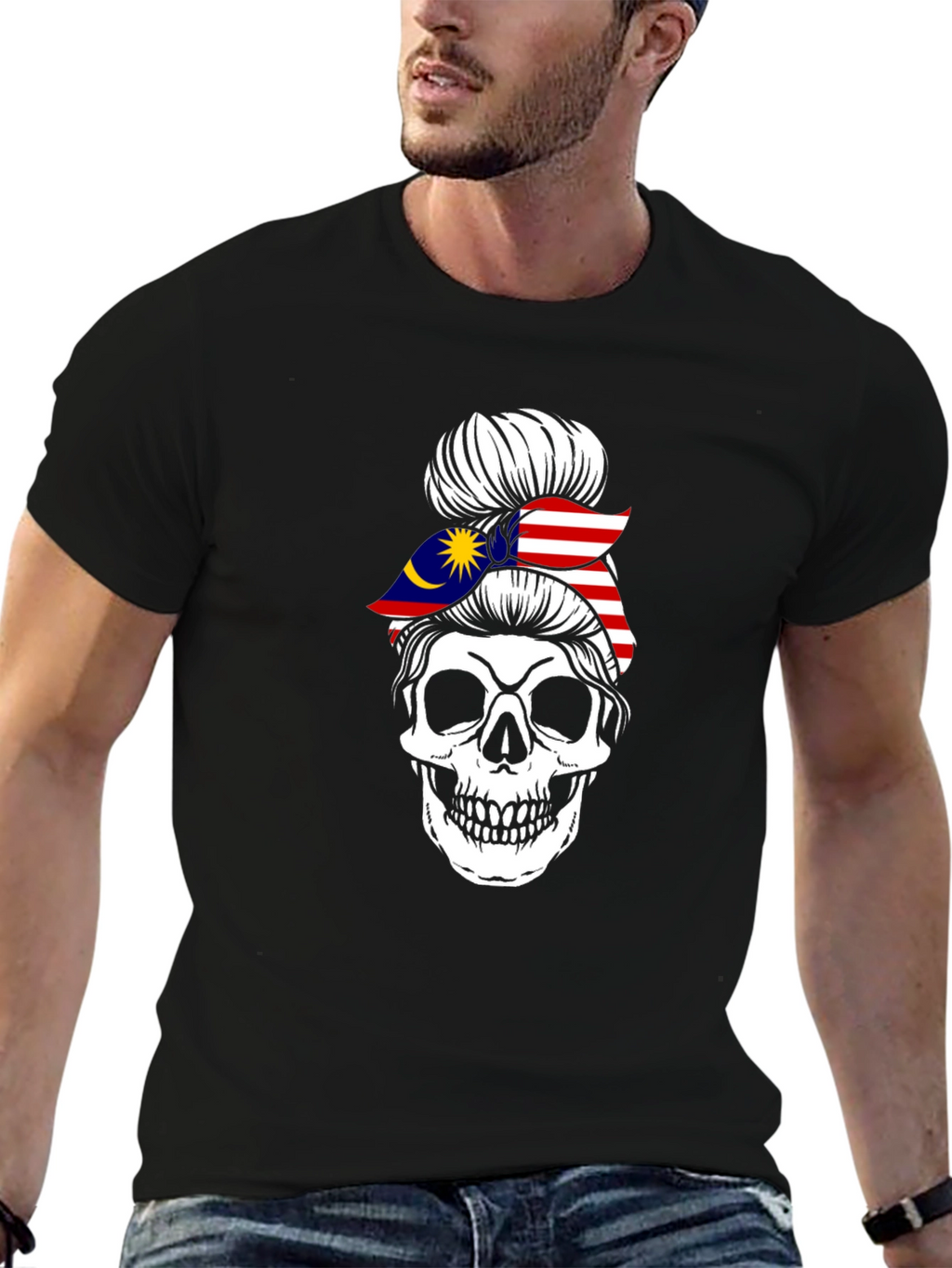 Skull Messy Bun Malaysia Flag T-Shirt