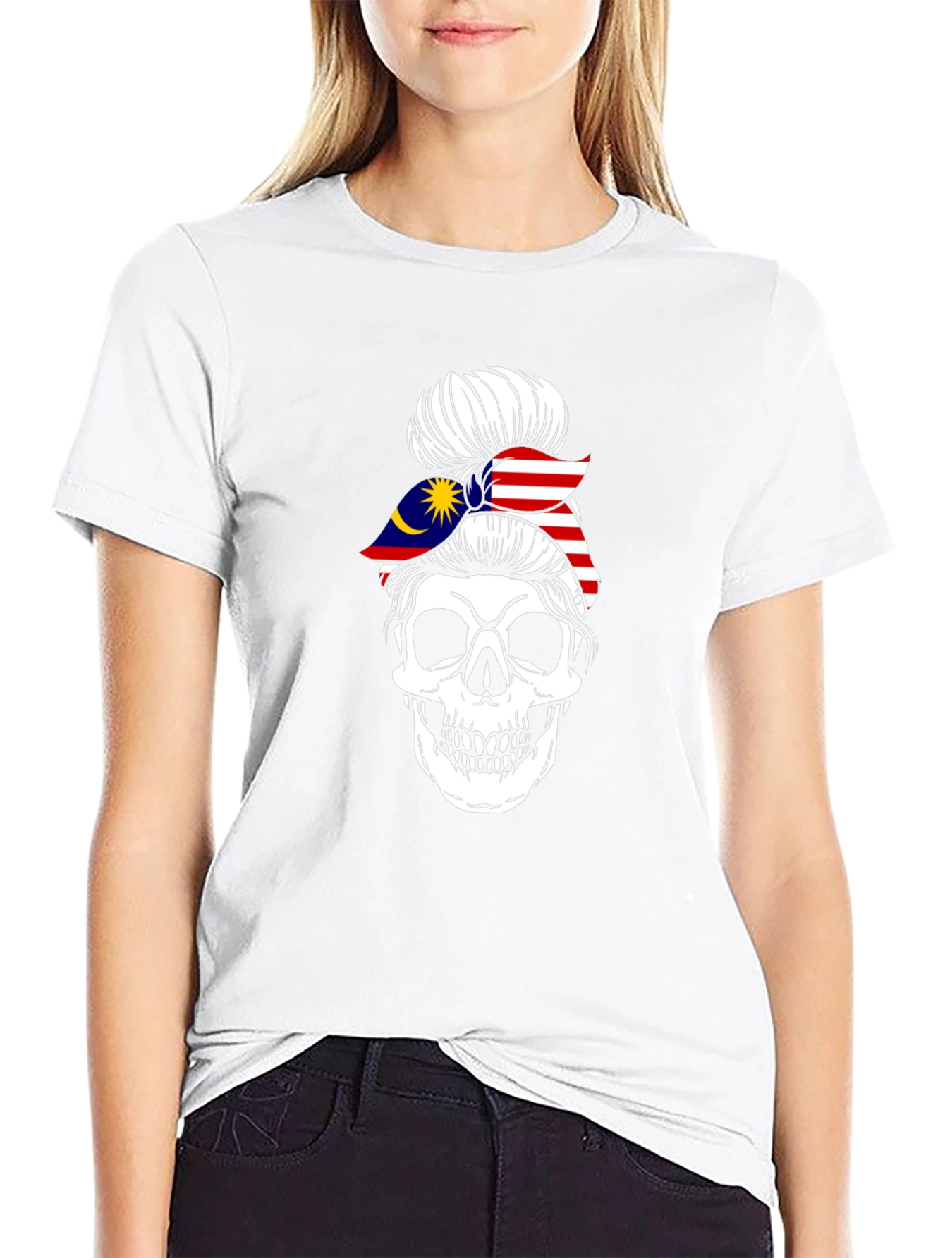 Skull Messy Bun Malaysia Flag T-Shirt