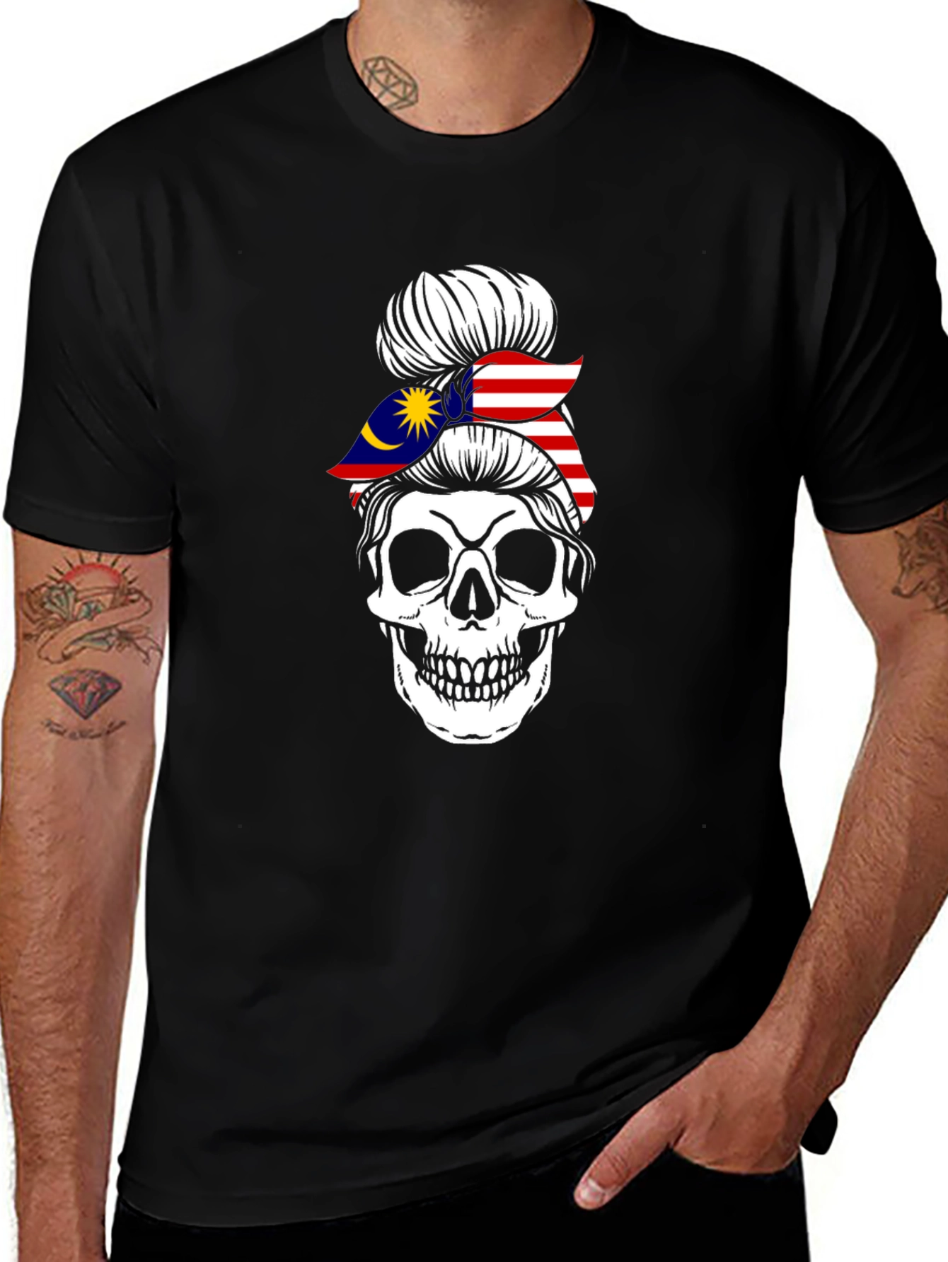 Skull Messy Bun Malaysia Flag T-Shirt