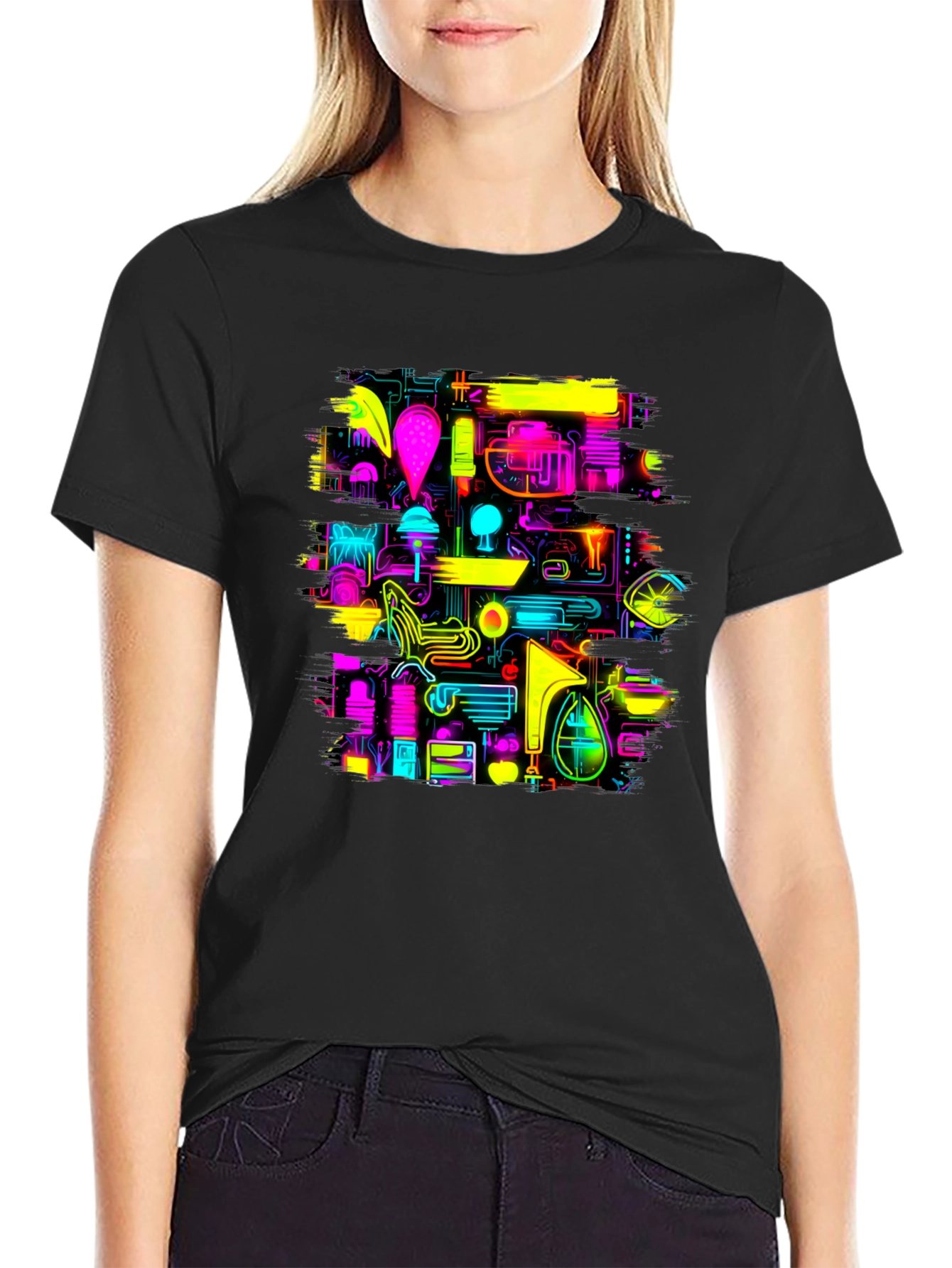 Neon Circuit Board Design Black T-Shirt
