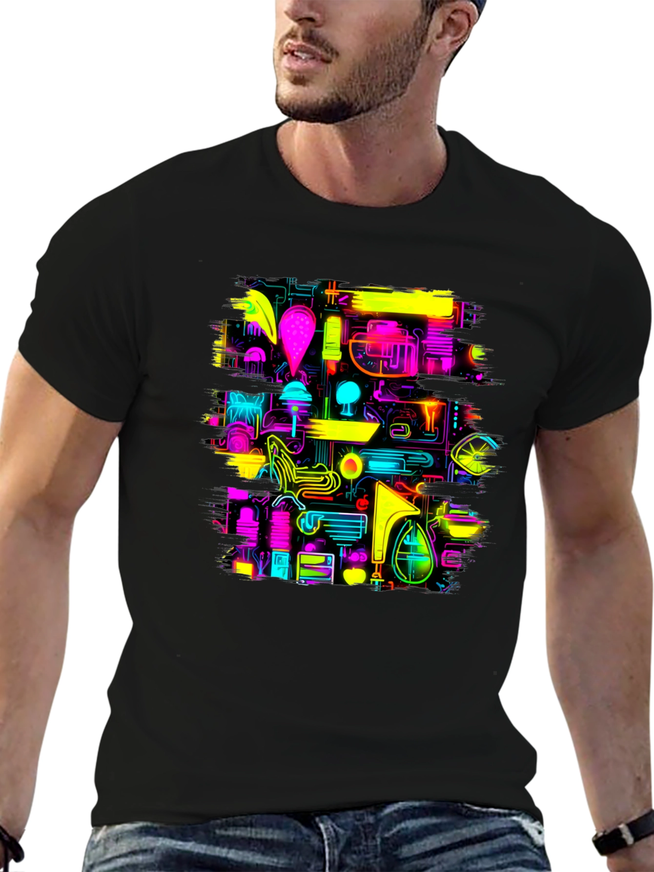 Neon Circuit Board Design Black T-Shirt