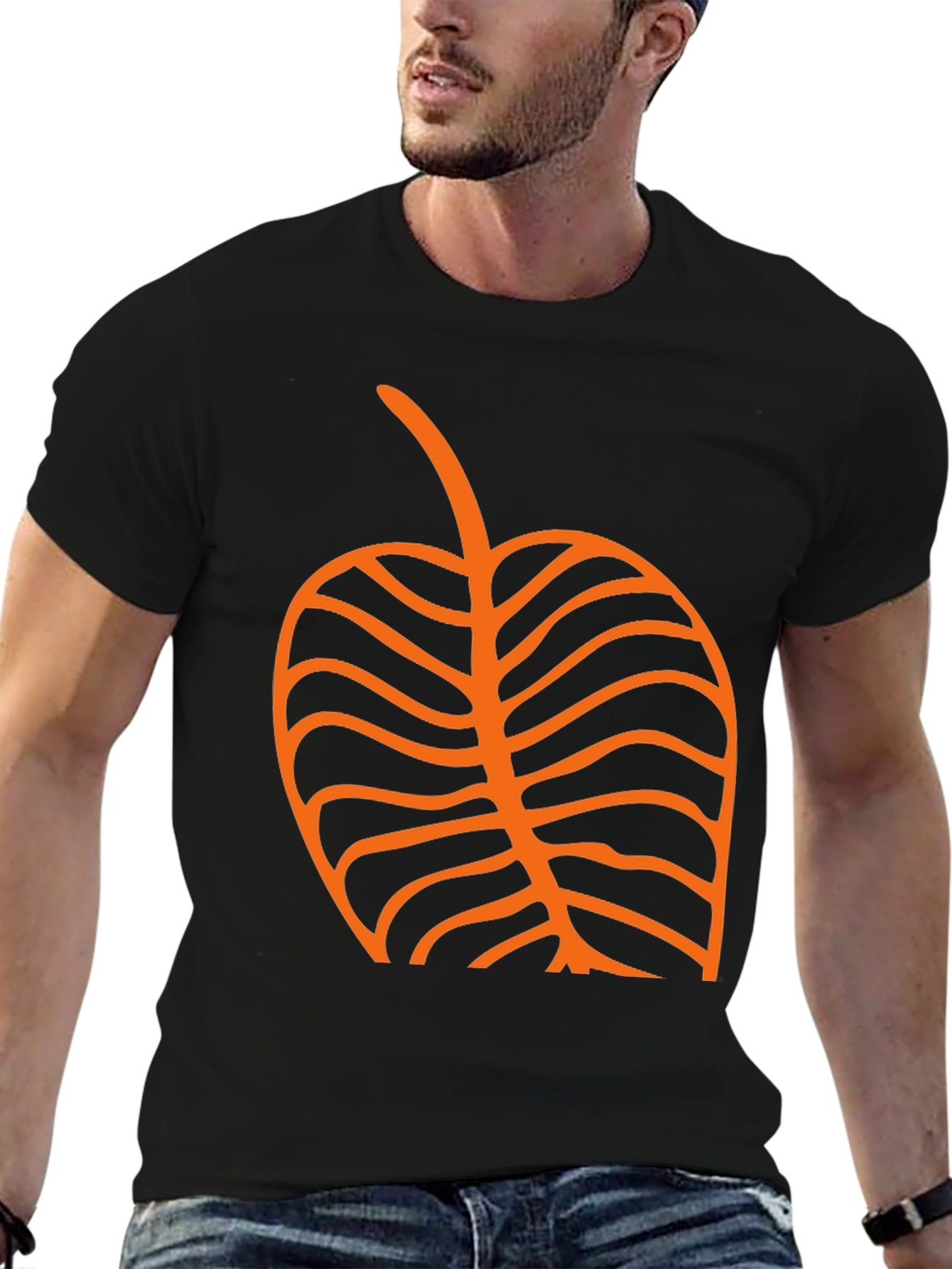 Black T-Shirt with Orange Leaf Graphic