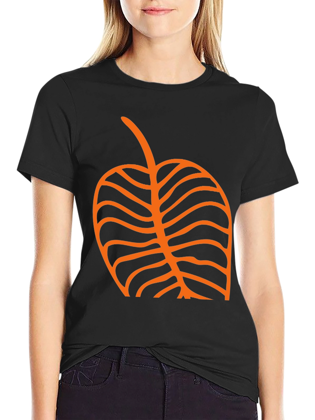 Black T-Shirt with Orange Leaf Graphic