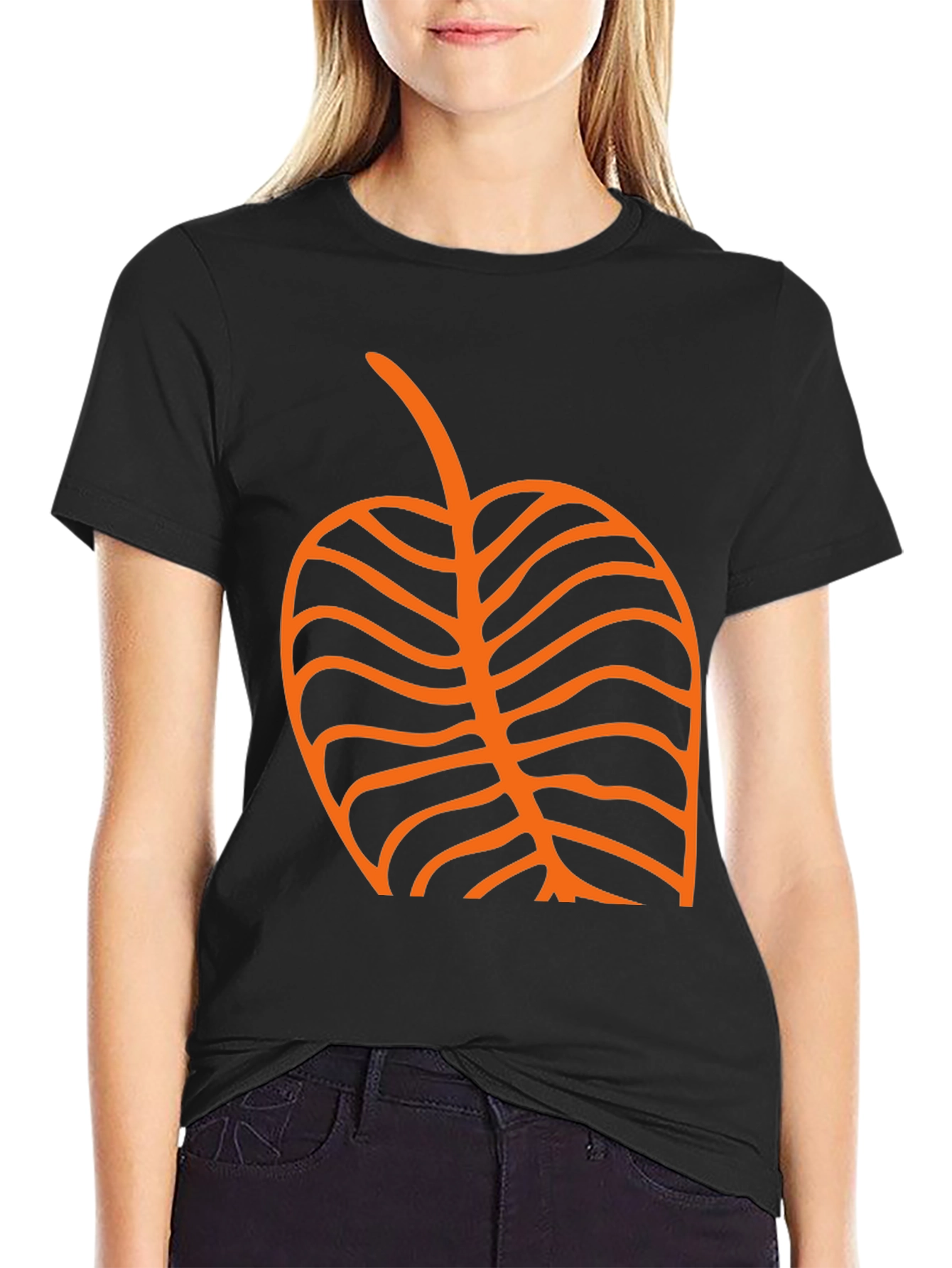Black T-Shirt with Orange Leaf Graphic