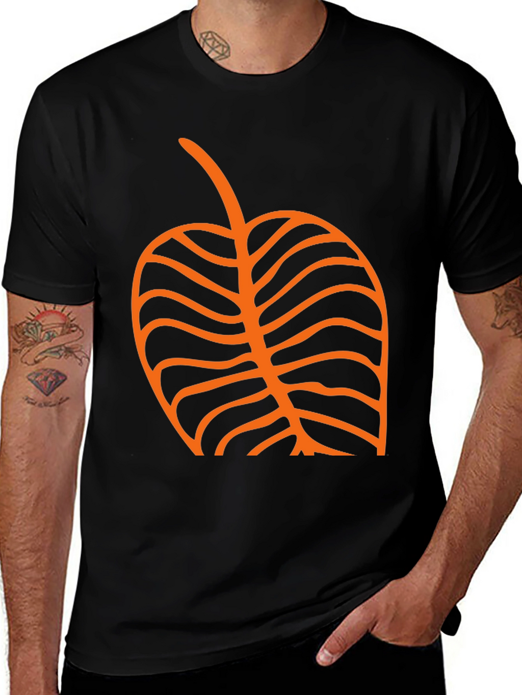 Black T-Shirt with Orange Leaf Graphic