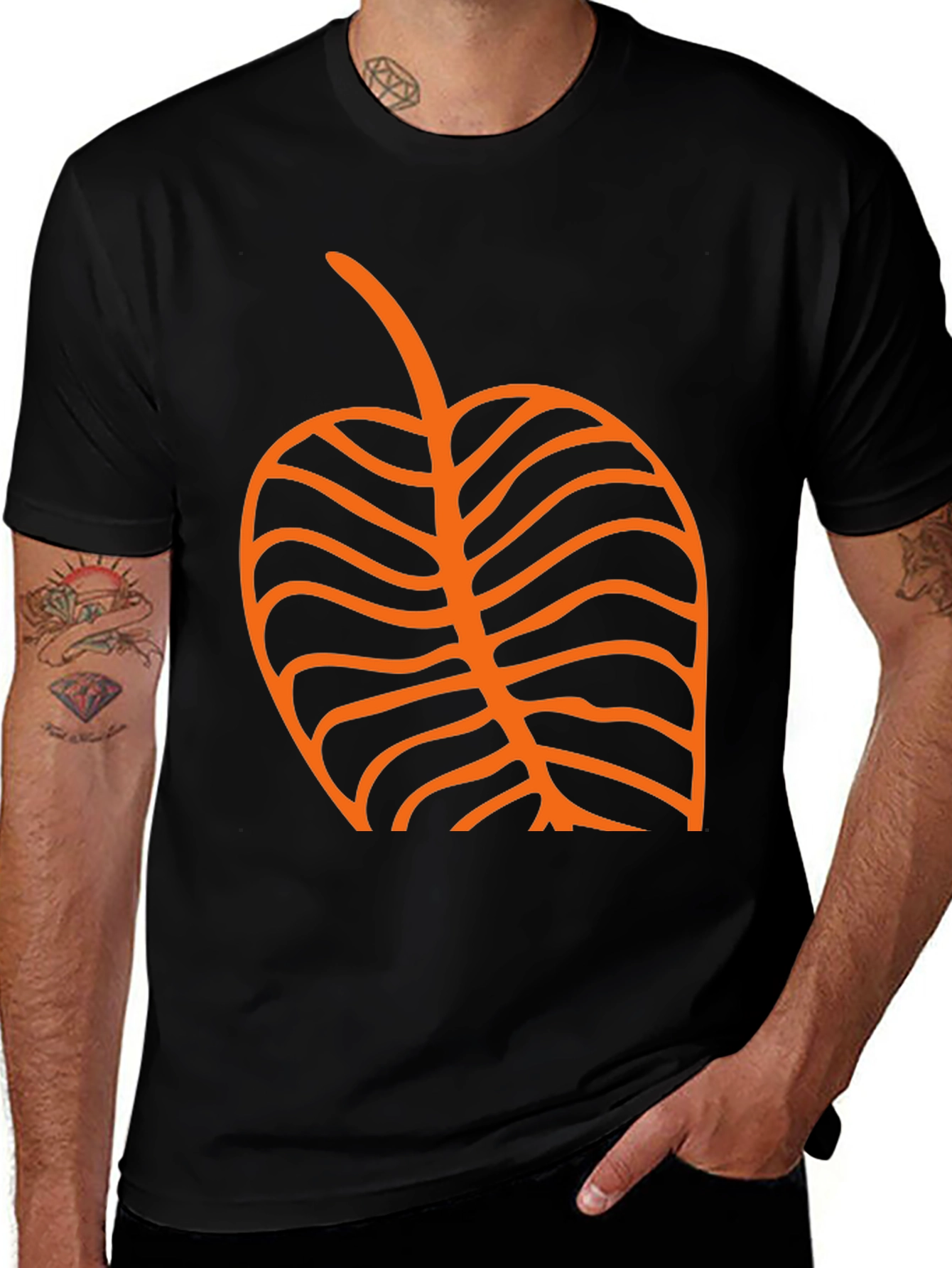 Black T-Shirt with Orange Leaf Graphic