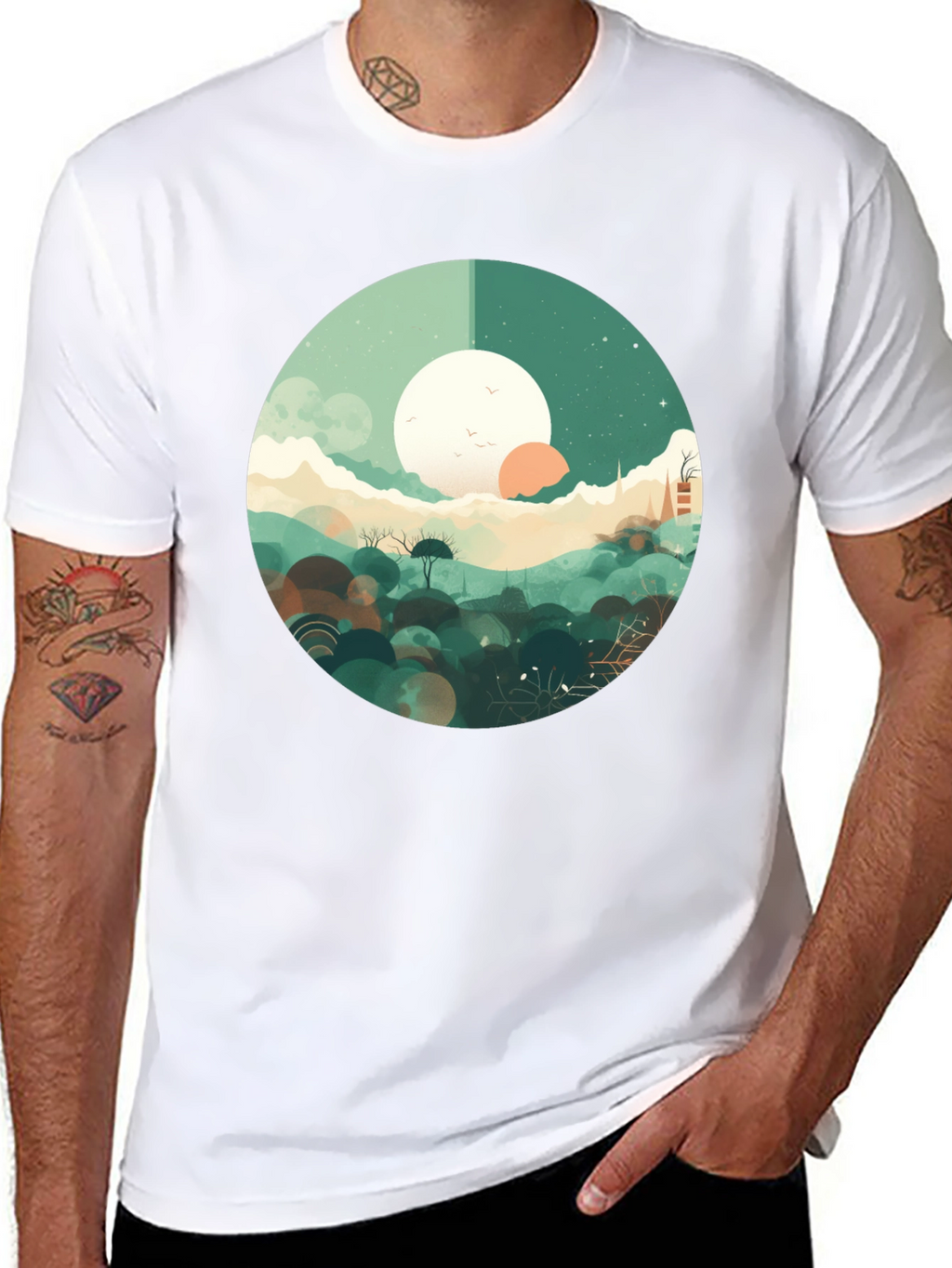 Artistic Landscape Graphic Tee - Black Casual Shirt