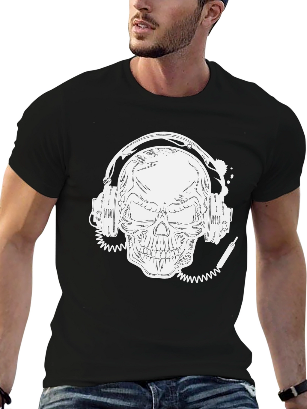 Skull With Headphones Graphic Tee - Black