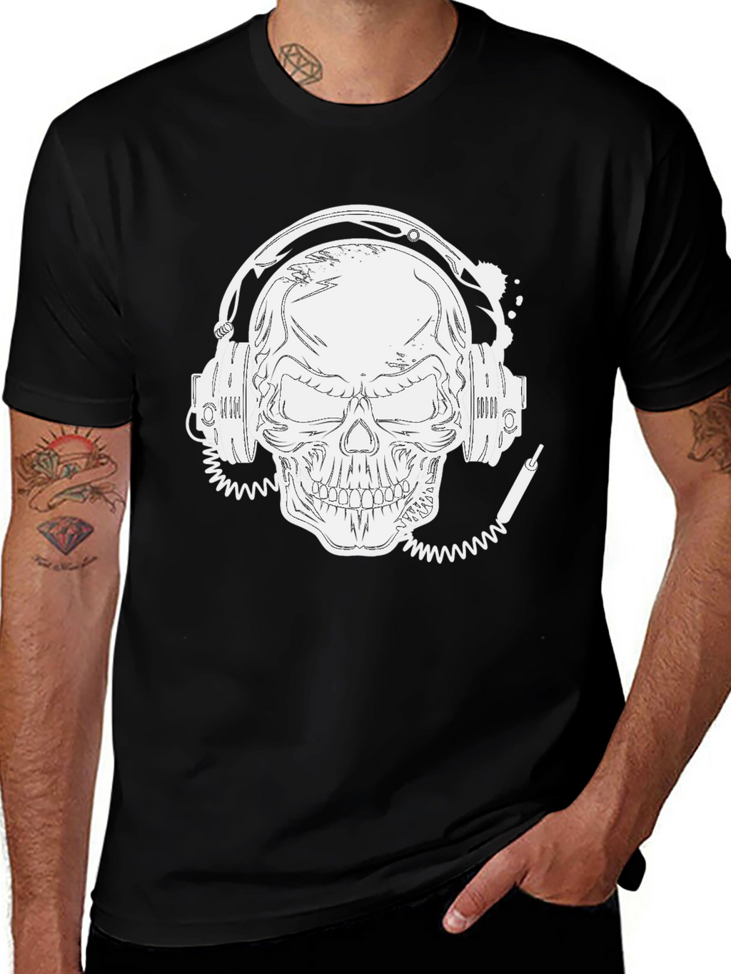 Skull With Headphones Graphic Tee - Black