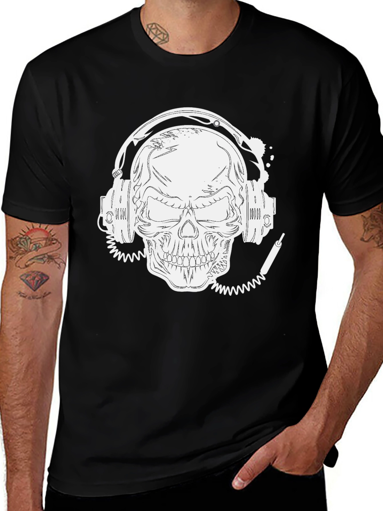 Skull With Headphones Graphic Tee - Black