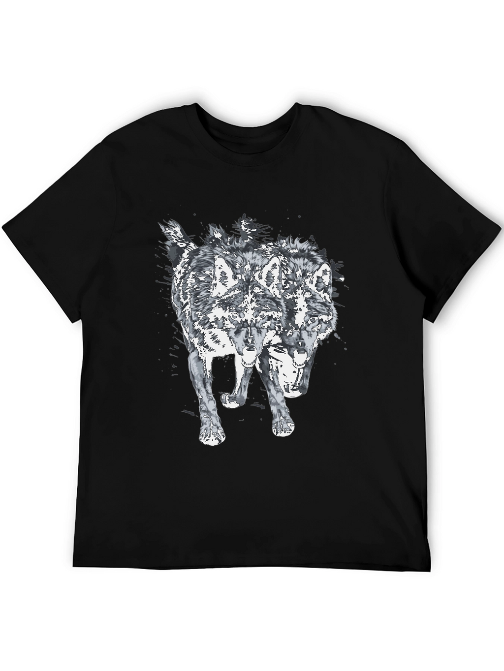 Two Headed Wolf Graphic Print Black T-Shirt