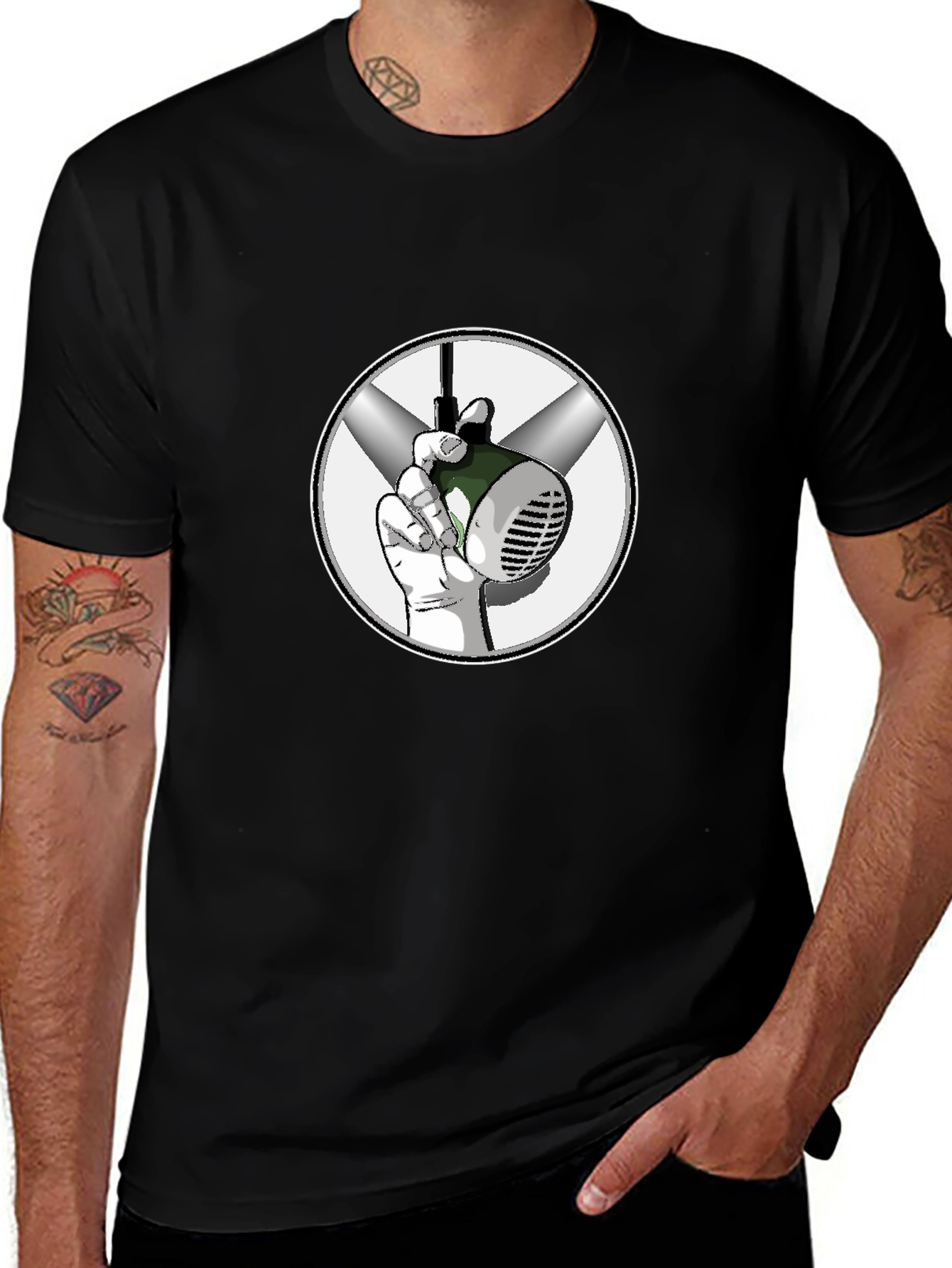 Graphic Tee: Hand Holding Vintage Microphone Design