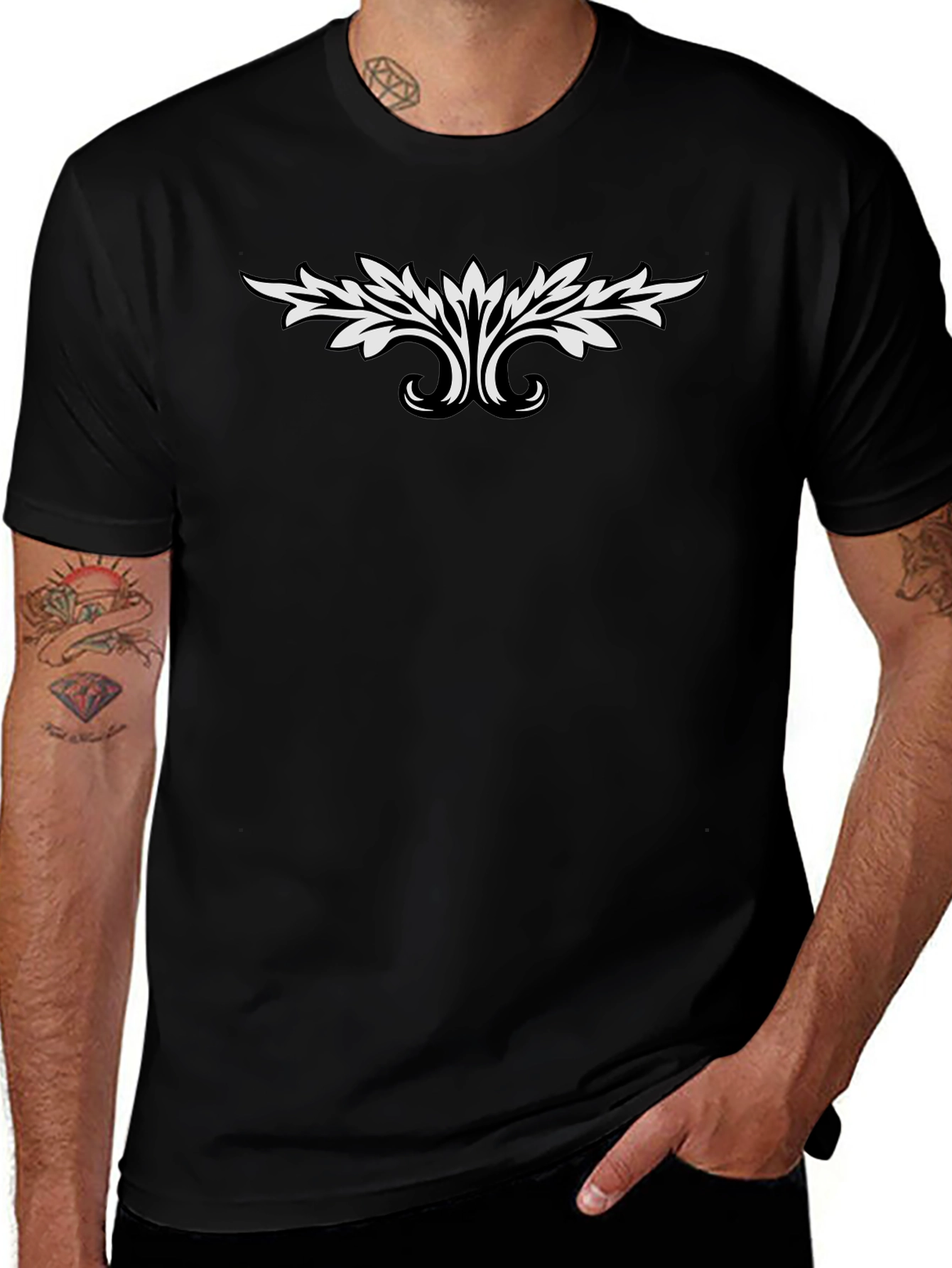 Black T-Shirt with White Leaf Design