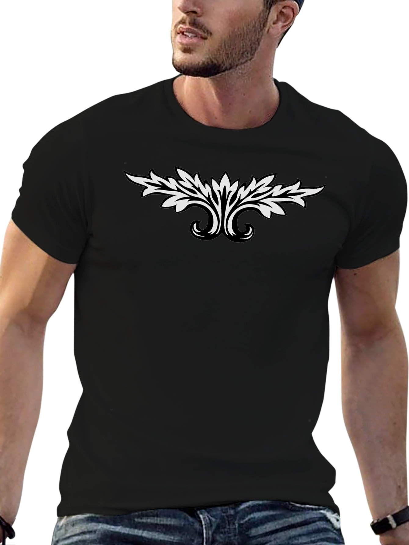 Black T-Shirt with White Leaf Design