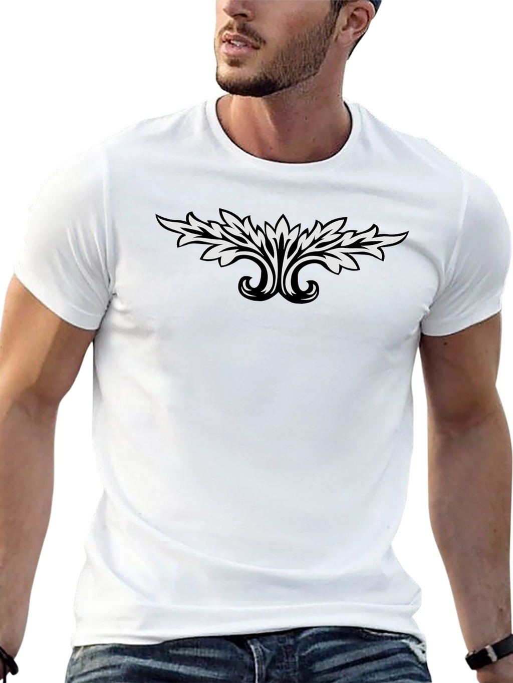 Black T-Shirt with White Leaf Design