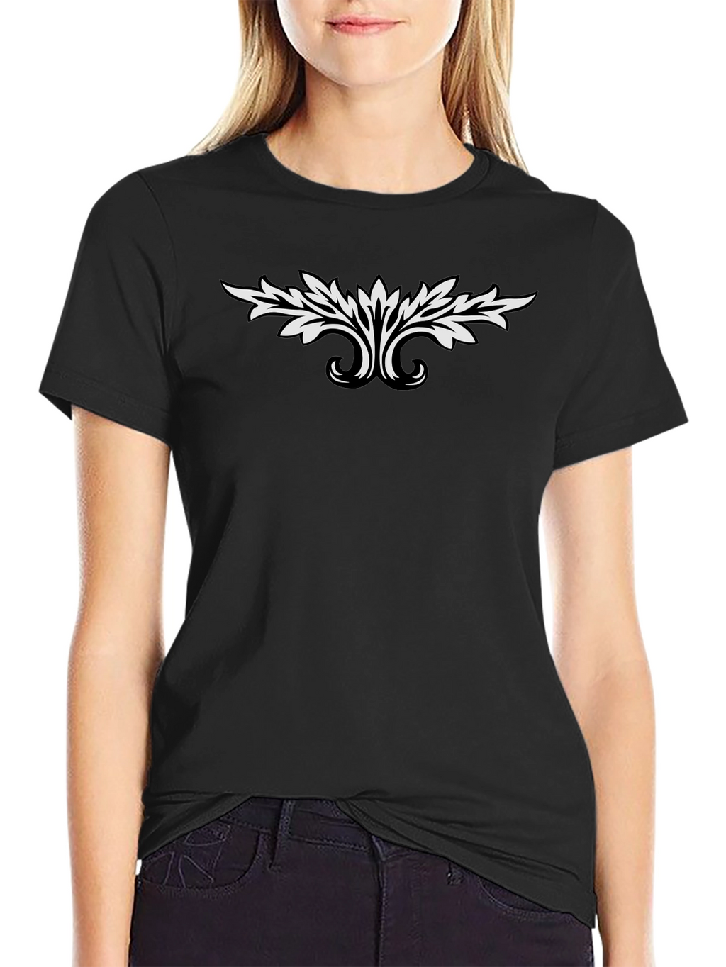 Black T-Shirt with White Leaf Design
