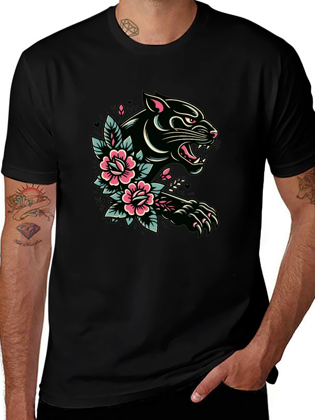 Black Panther Floral Tattoo Graphic T-Shirt