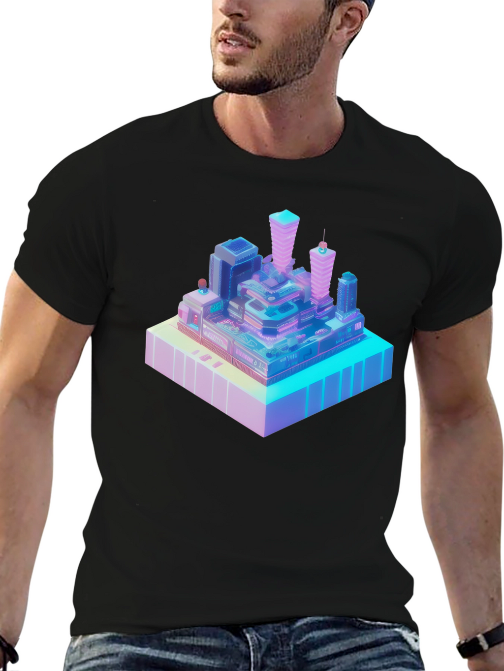 Isometric Cityscape Graphic Tee - Modern Black T-Shirt