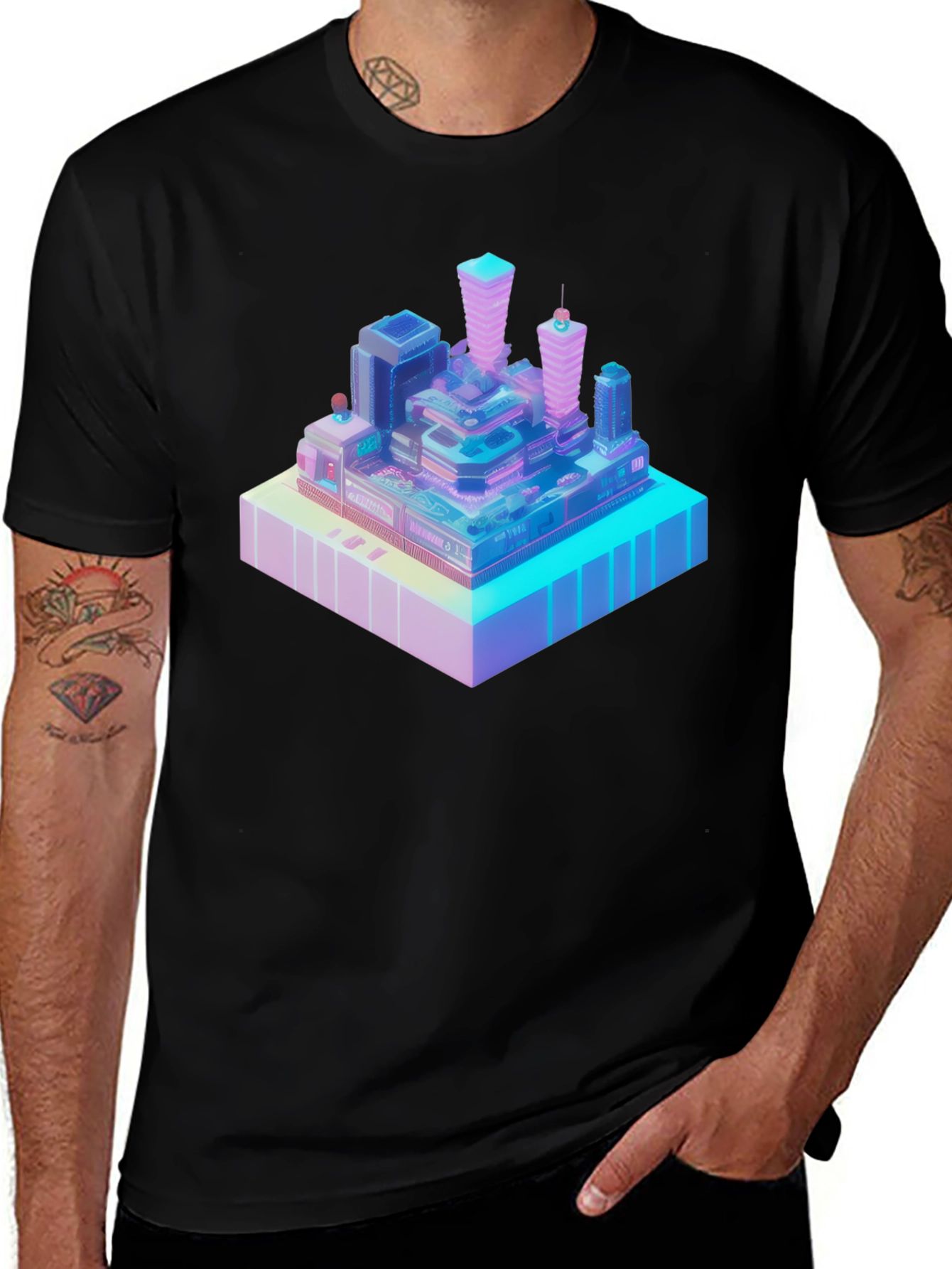Isometric Cityscape Graphic Tee - Modern Black T-Shirt