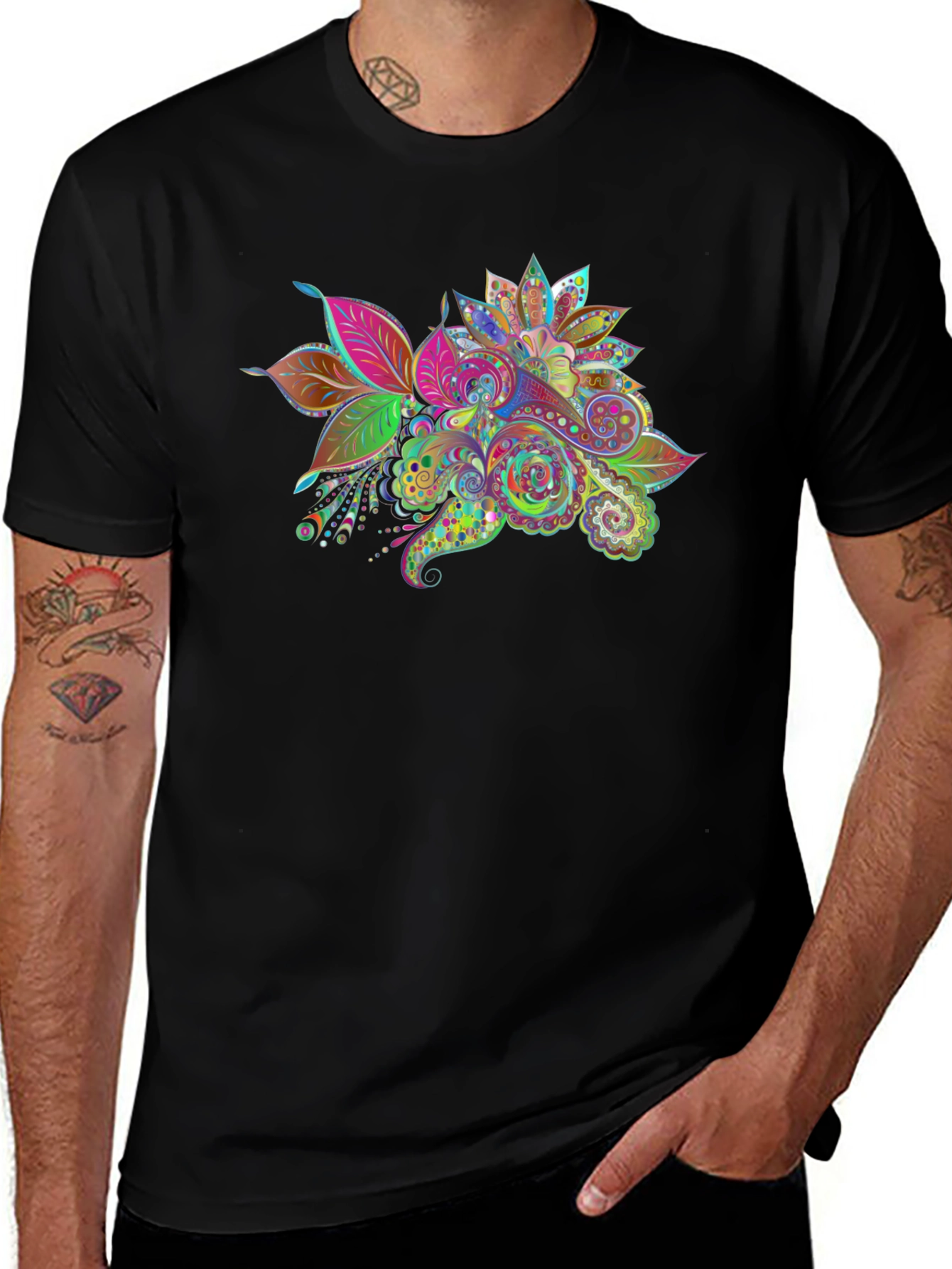 Floral Paisley Print Black T-Shirt