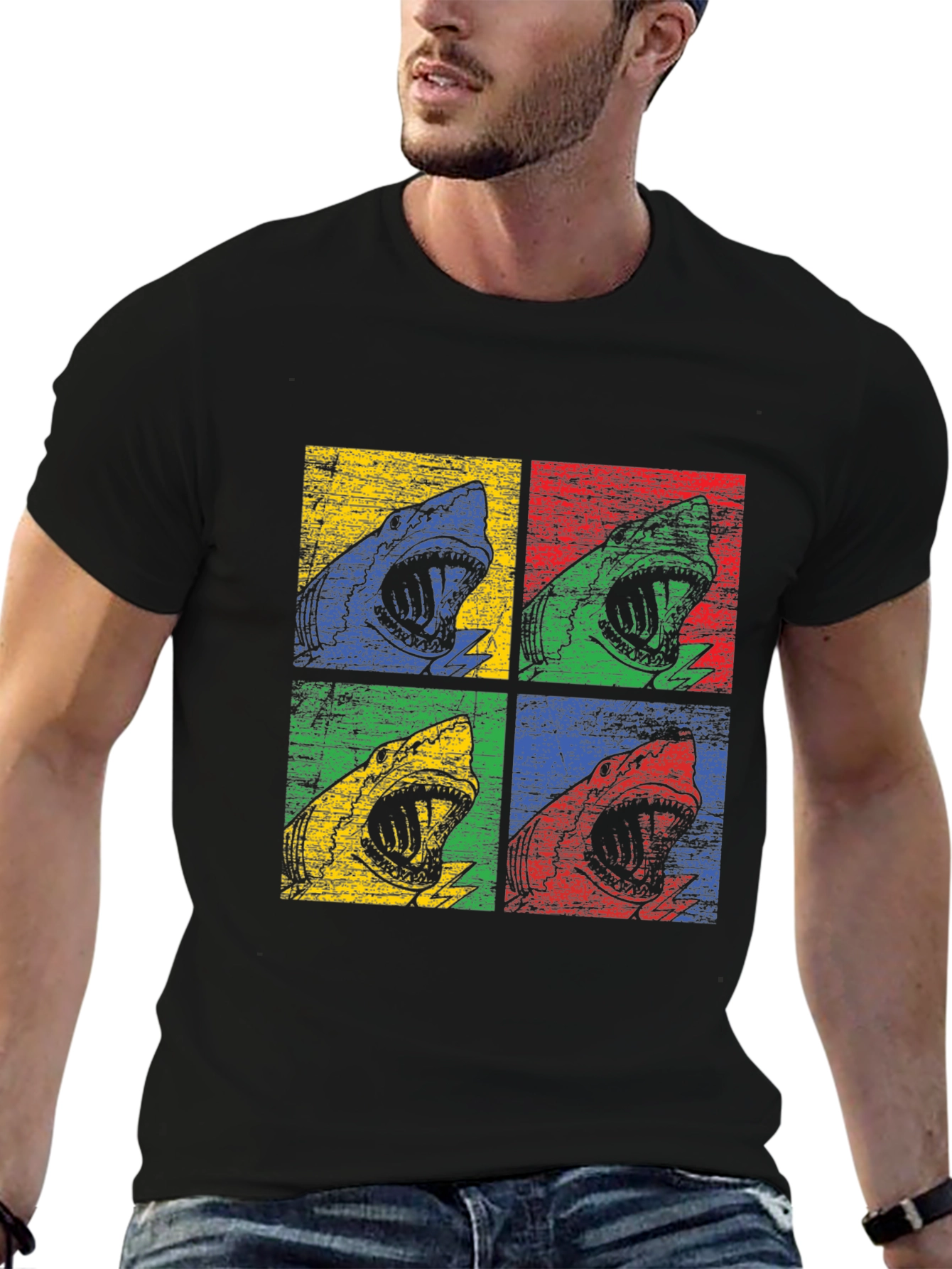 Shark Pop Art Graphic Print Black T-Shirt