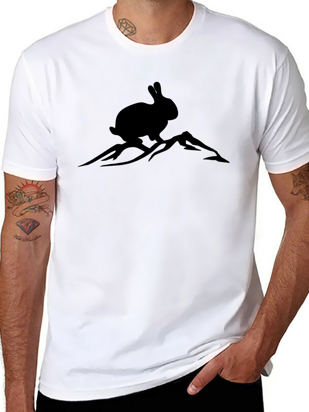 Rabbit on Mountain Tee - Black Graphic T-Shirt