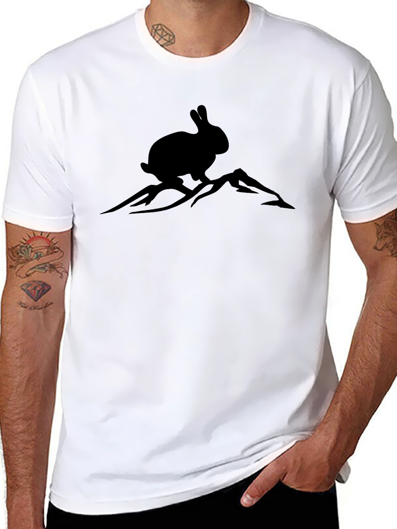 Rabbit on Mountain Tee - Black Graphic T-Shirt