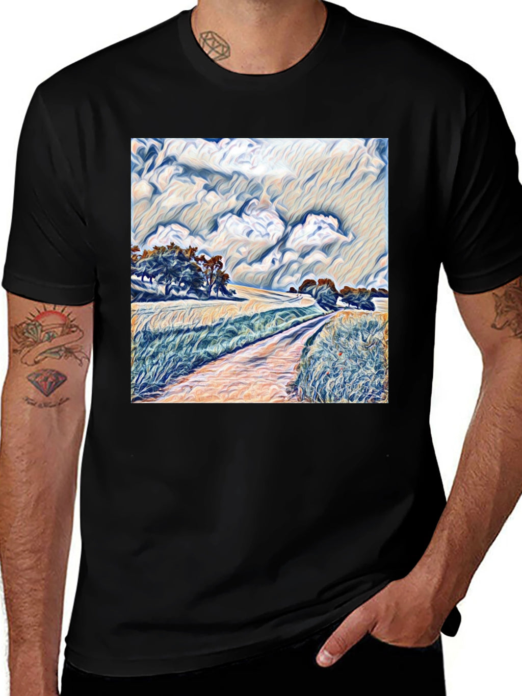 Artistic Landscape Graphic Tee - Stylish Black T-Shirt