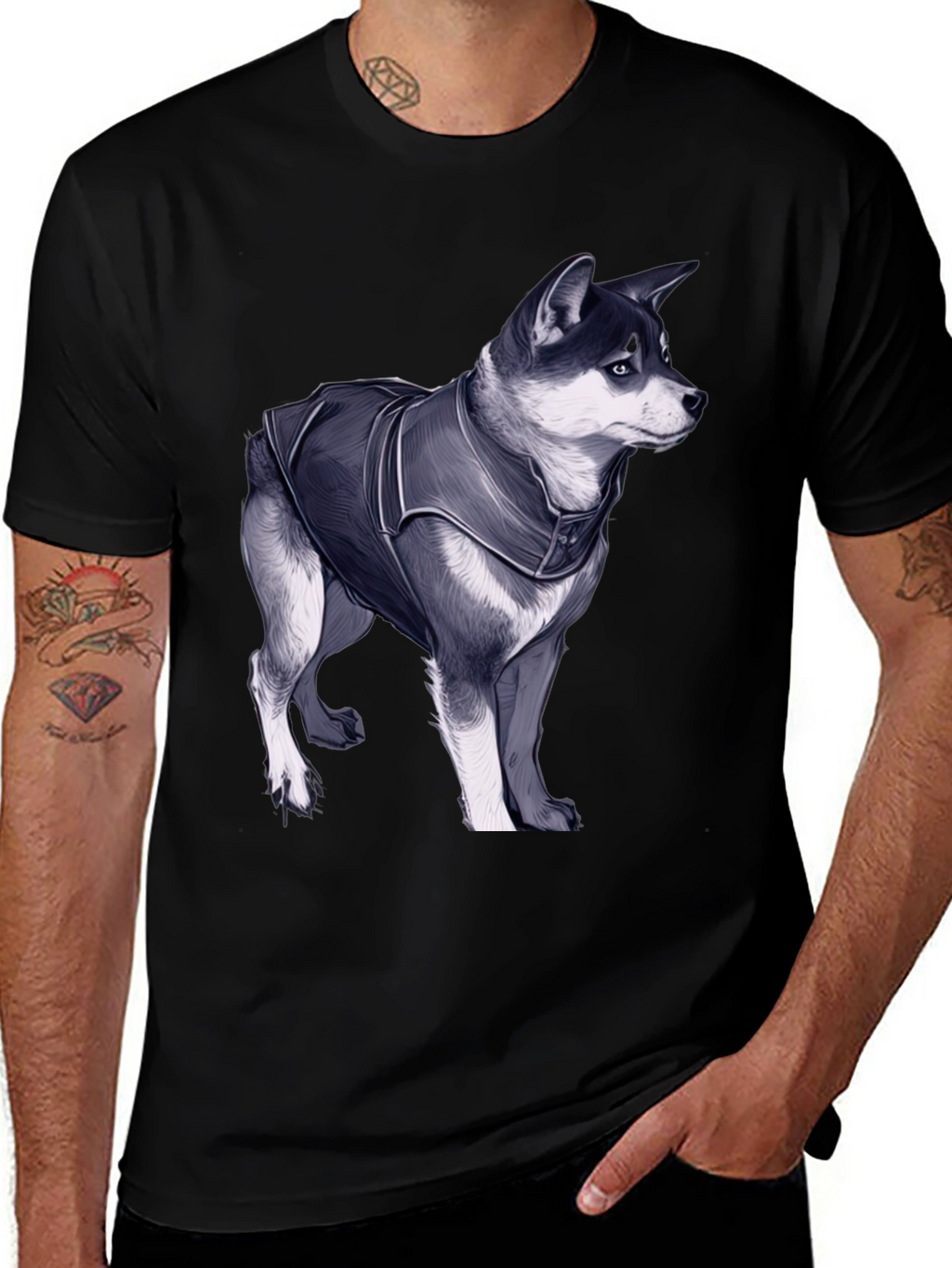 Dog in Jacket Graphic Tee - Black Casual T-Shirt