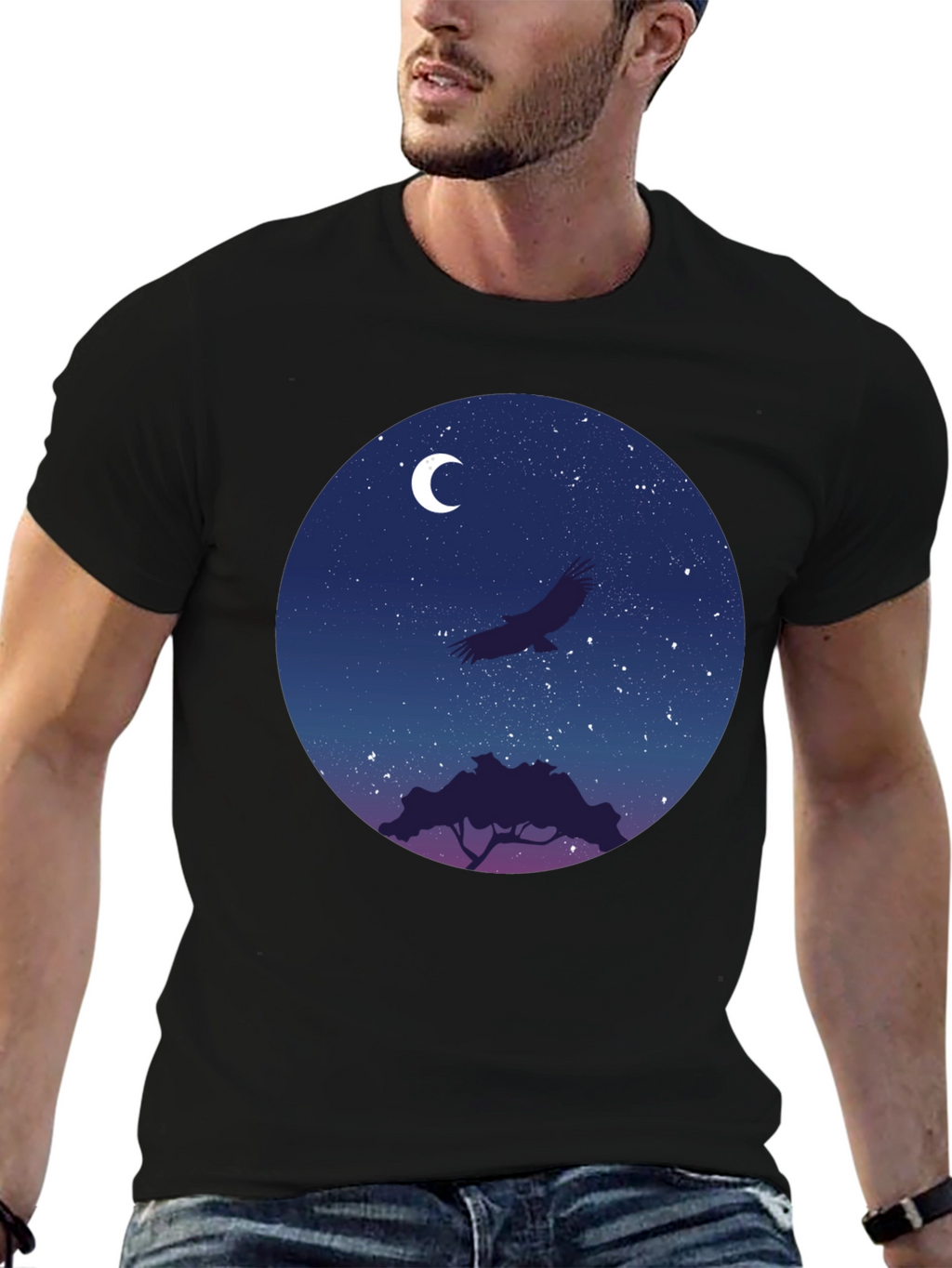 Night Sky Eagle Graphic Tee - Black Cotton Blend