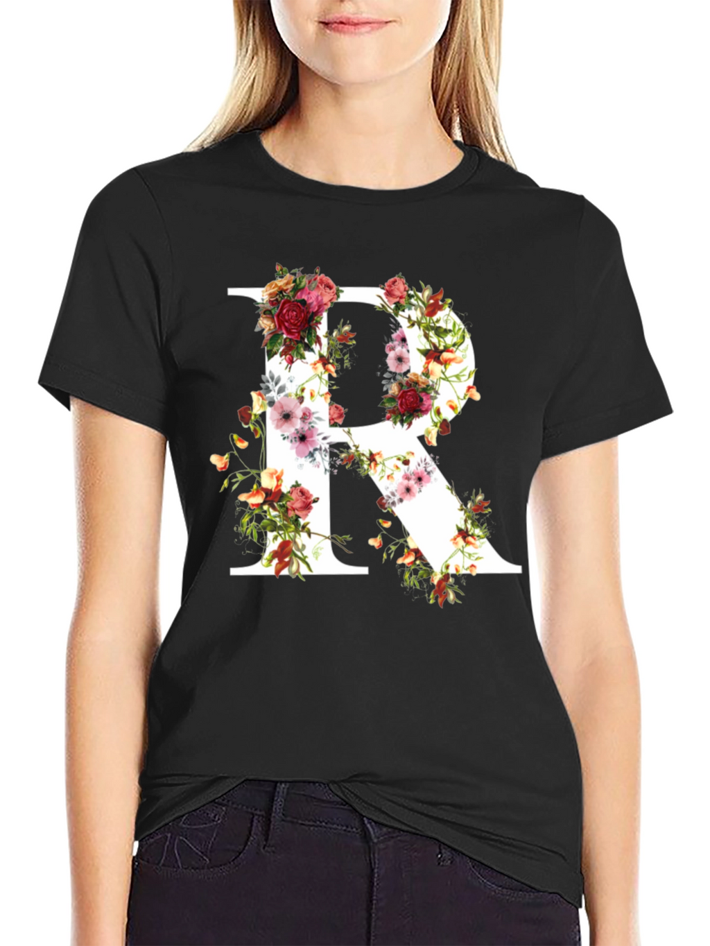 Floral Letter R Black T-Shirt
