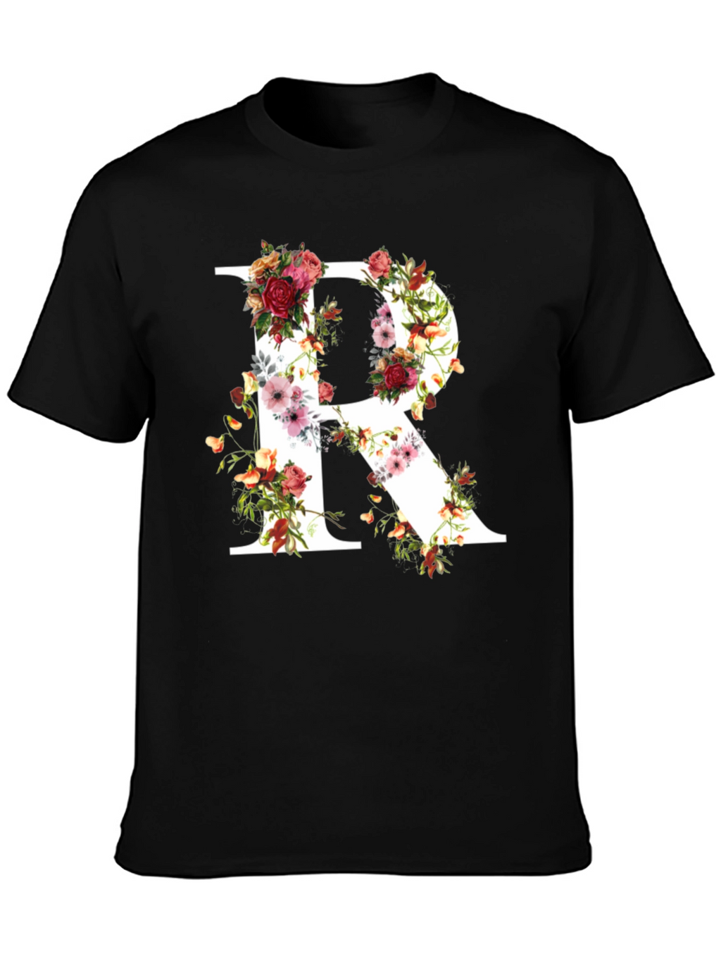 Floral Letter R Black T-Shirt