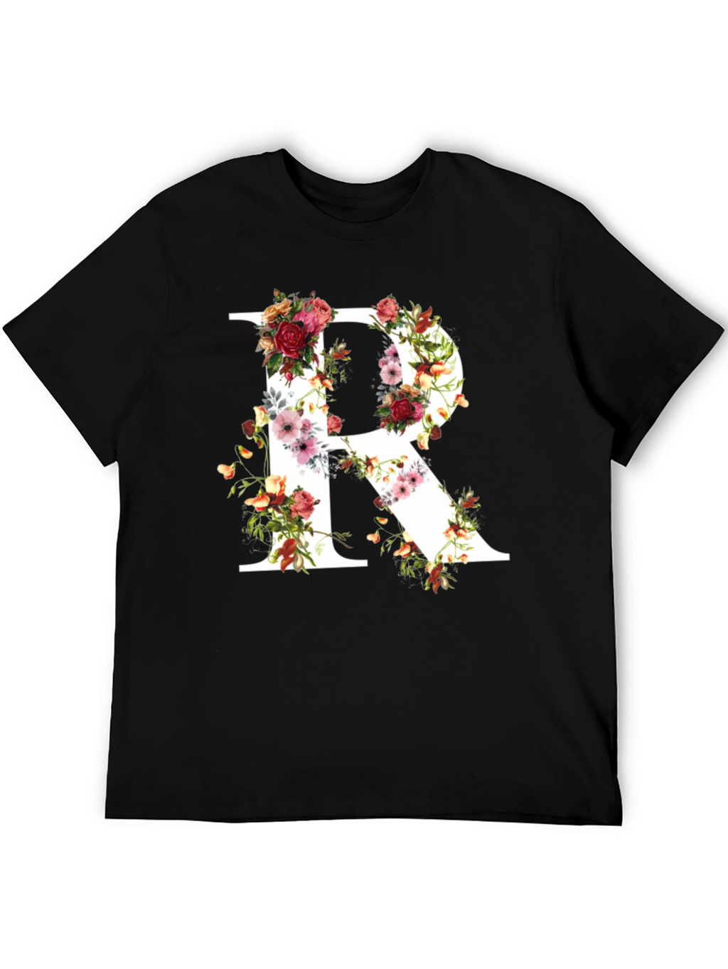 Floral Letter R Black T-Shirt