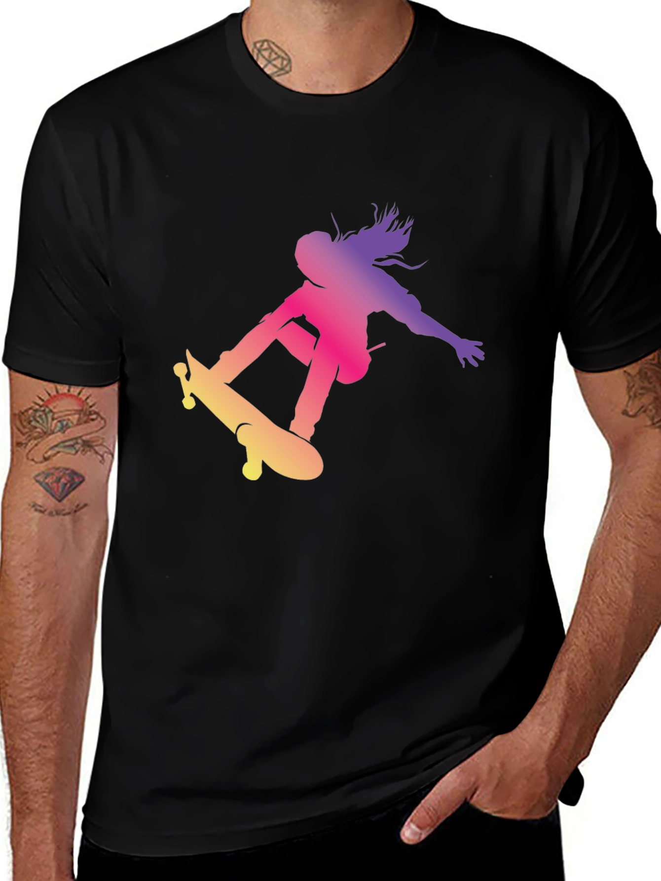 Skateboarder Graphic Black T-Shirt Cool Casual Top