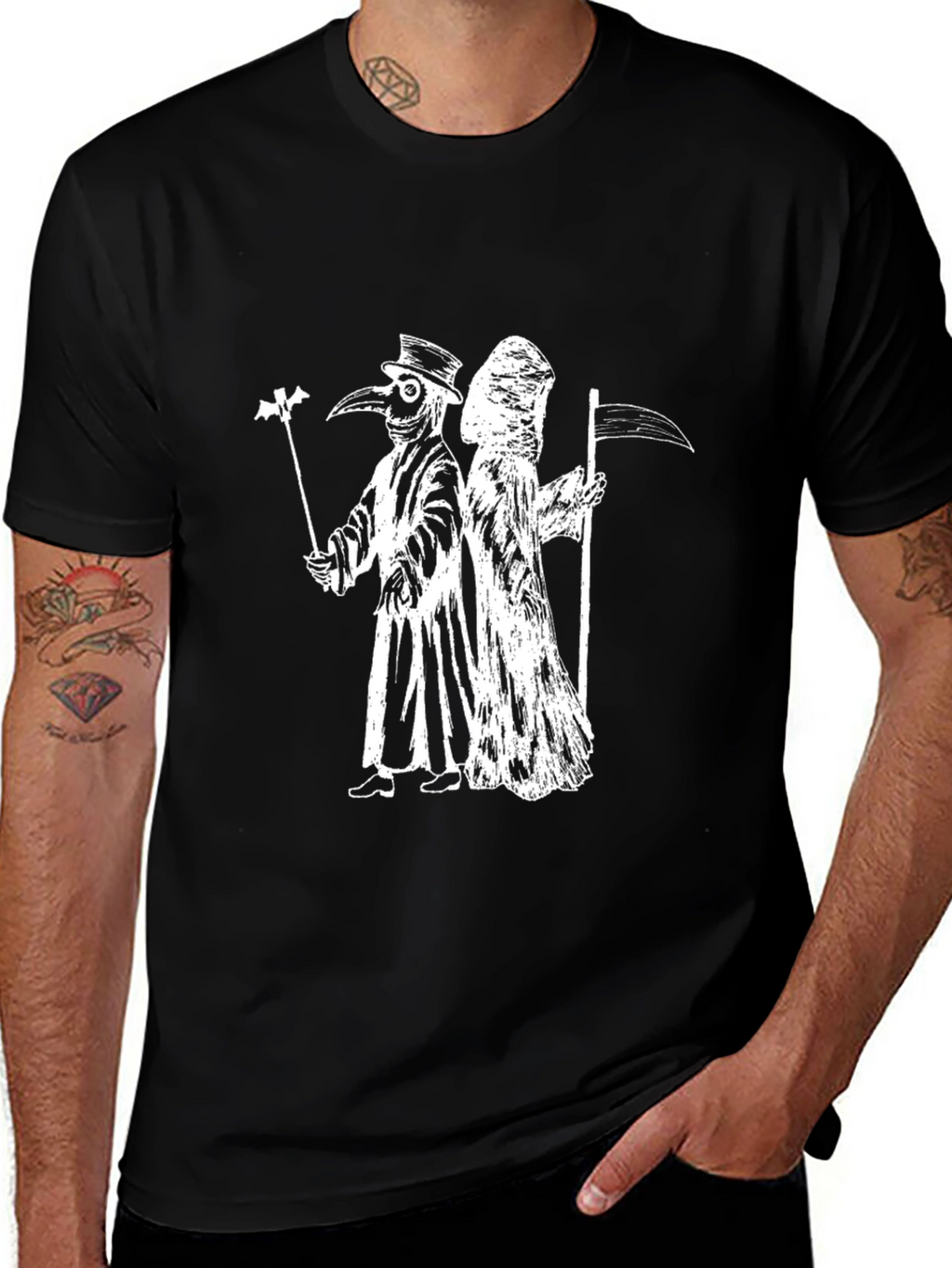 Plague Doctor & Grim Reaper Black Graphic Tee
